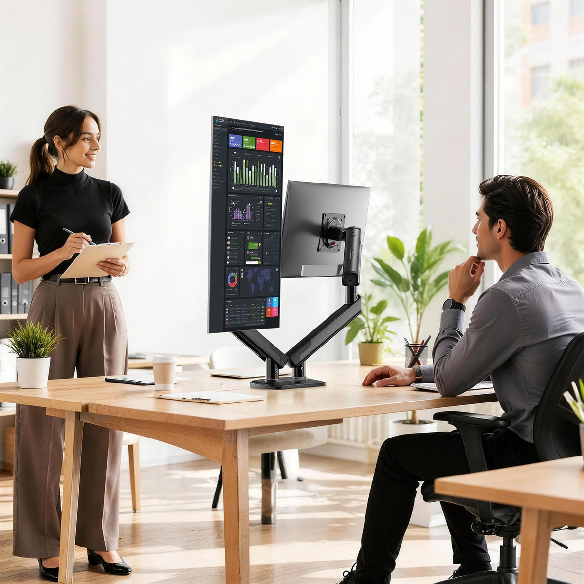 Kyspho FlowLift™ Dual Monitor Mount Stand for 13-32 inch Screens,Tool-Free Mount with MechaSpring,Full Motion Heavy Duty Visual Adjustment Arm Desk Mount, Max 100x100mm,Holds to 19.8 lbs per Monitor