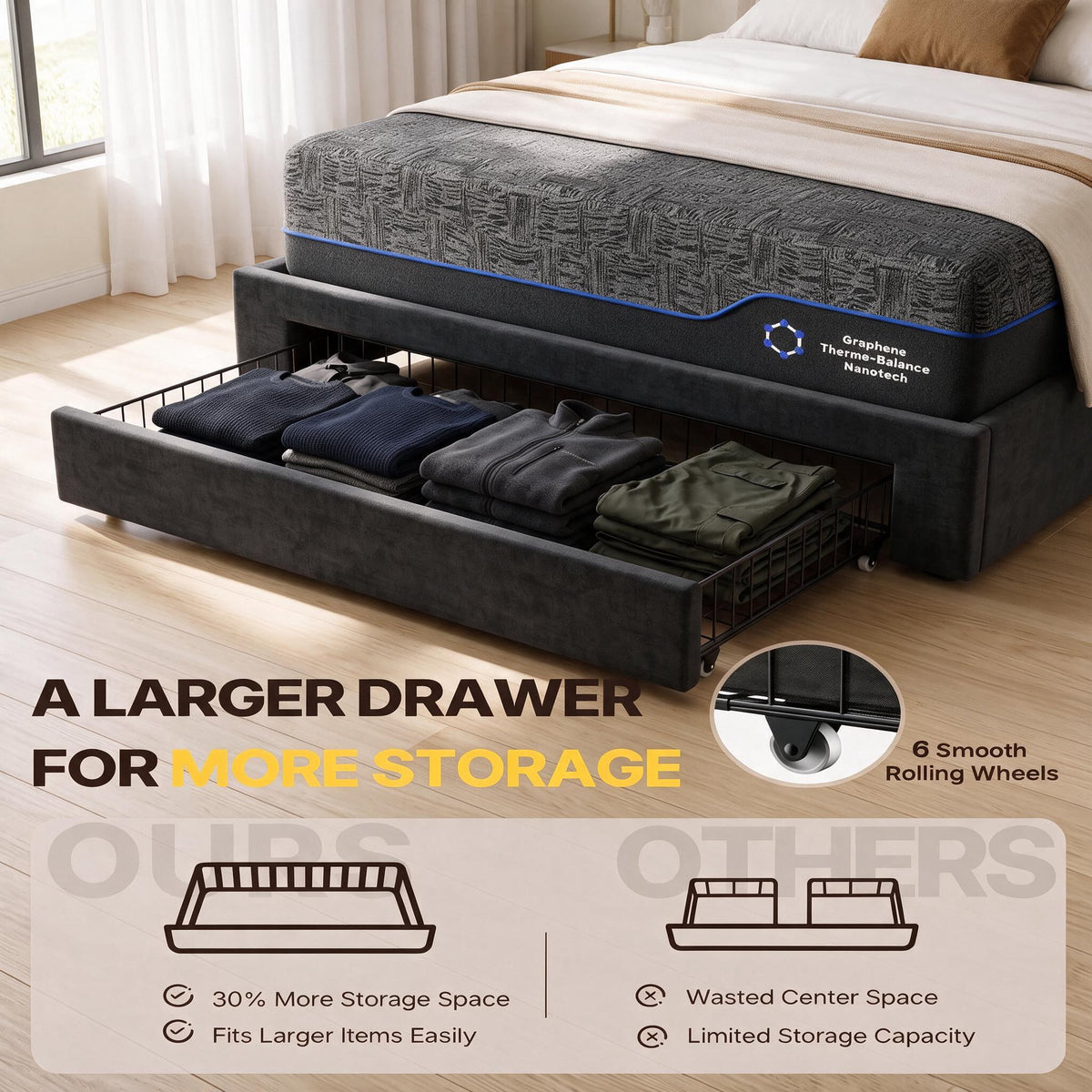 CHITOOMA 2 Piece Bedroom Furniture Set,Queen Bed Frame & 12" Memory Foam Mattress,Upholstered Platform Bed with Storage Drawers,RGB LED Headboard,Charging Station,Gray