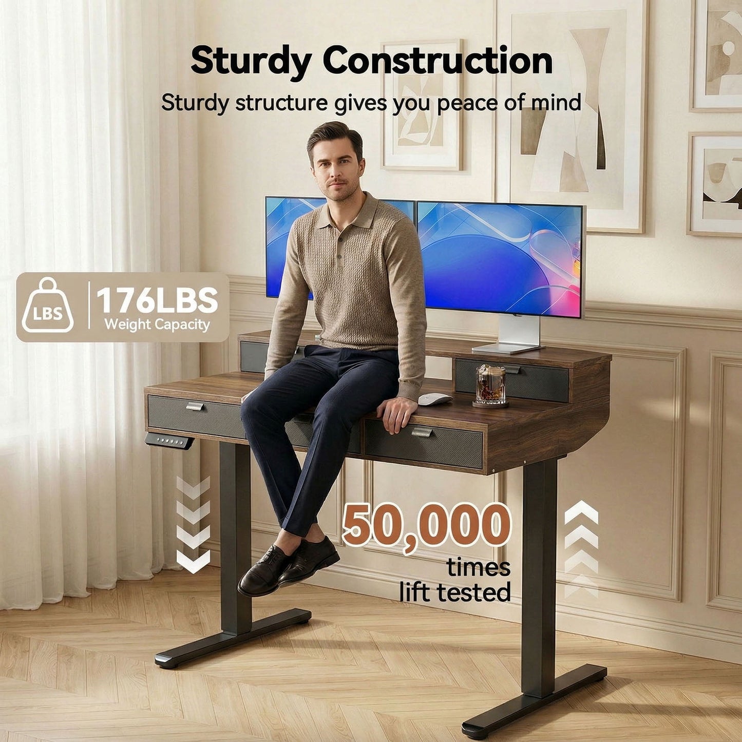 CHITOOMA Electric Standing Desk with Drawers, 48 x 24 Inches Height Adjustable Desk Ergonomic Sit Stand Workstation Walnut