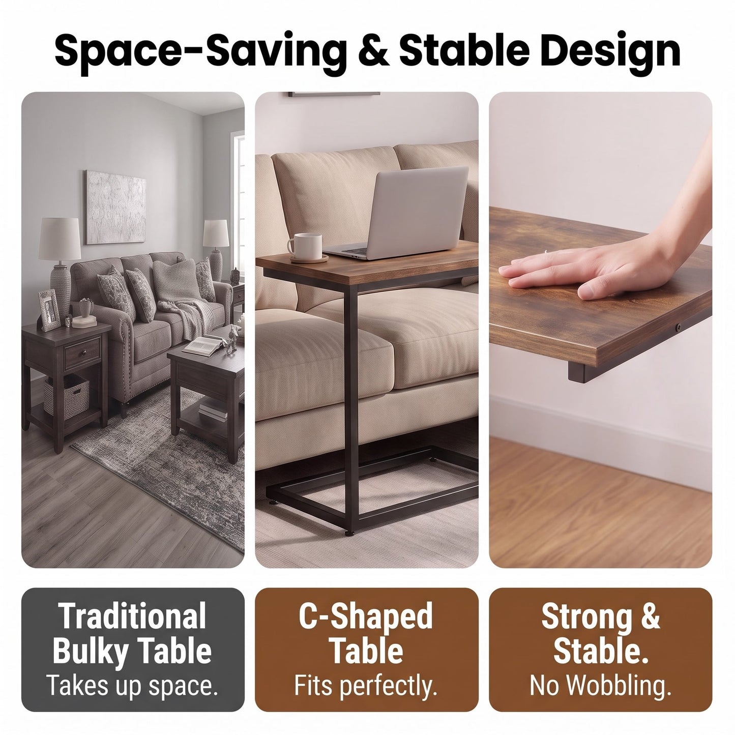 C Shaped End Sofa Table, Vintage Side Couch Table for Living Room, Bedroom, 27"(H) x 19.7"(W) x 12.6"(D), Brown