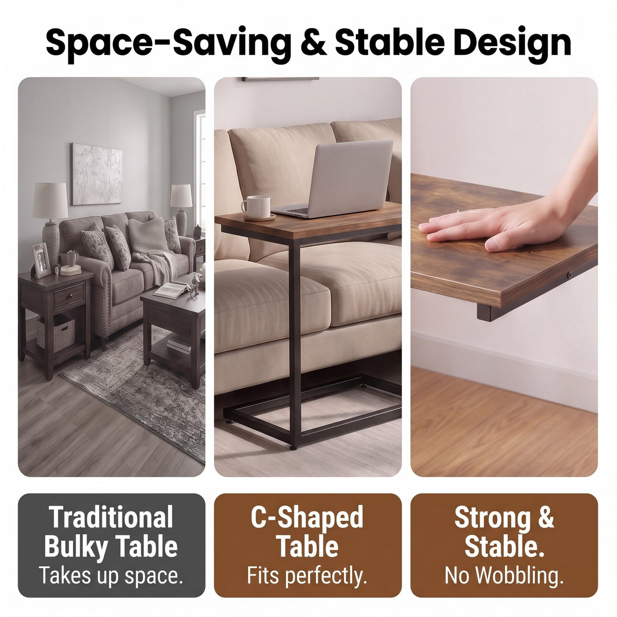 C Shaped End Table,Side Table TV Tray Table for Sofa,Couch Table for livingroom,Bedroom(Rustic Brown)