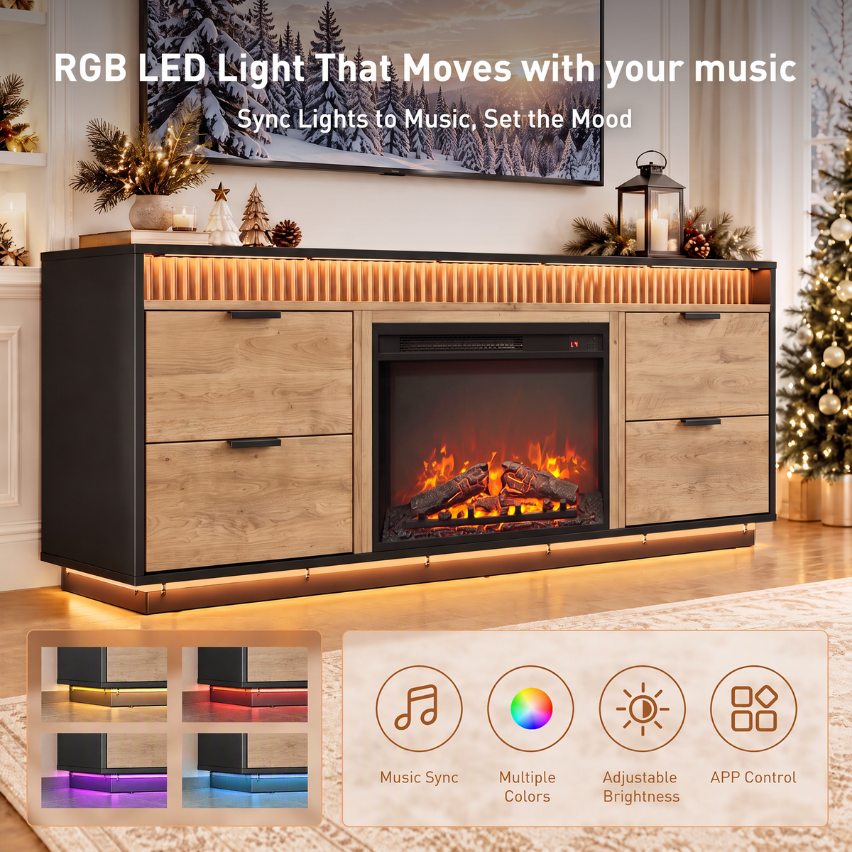 CHITOOMA Electric Fireplace TV Stand for up to 70" with 60000 RGB LED Light, Entertainment Center Console Table with 4 Large Drawers, Brown