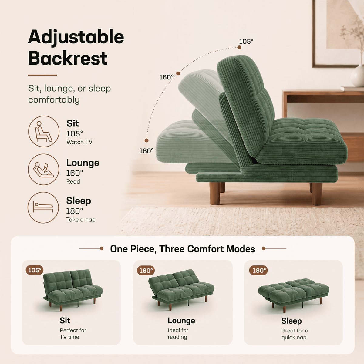 CHITOOMA 66" Futon Sofa Bed with Adjustable Backrest, Corduroy Convertible Futon Couch, Extra-Thick Cushion, Comfy Loveseat for Small Spaces, Apartment or Office, Green