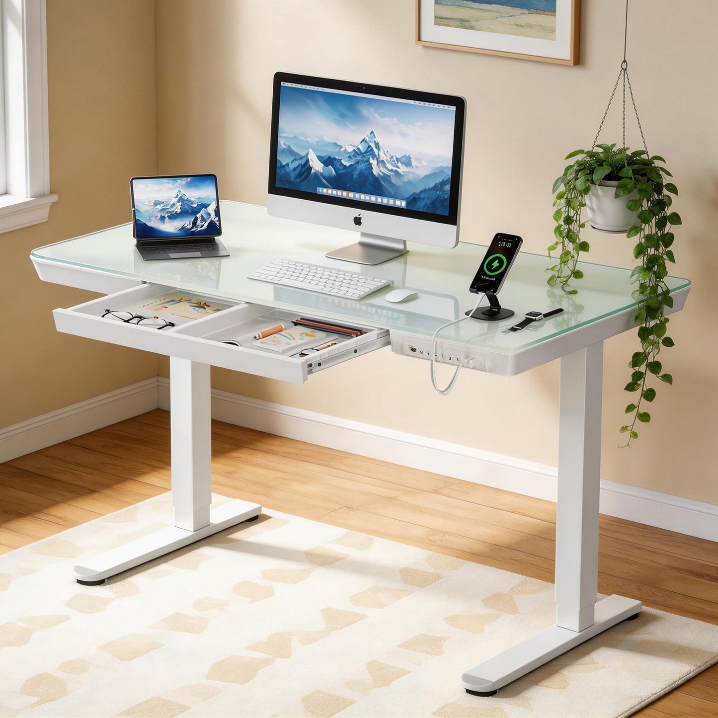 CHITOOMA Glass Top Electric Standing Desk with Drawer, 48'' x 24'' Electric Height Adjustable Desk with USB Charging Ports, Sit Stand up for Home Office