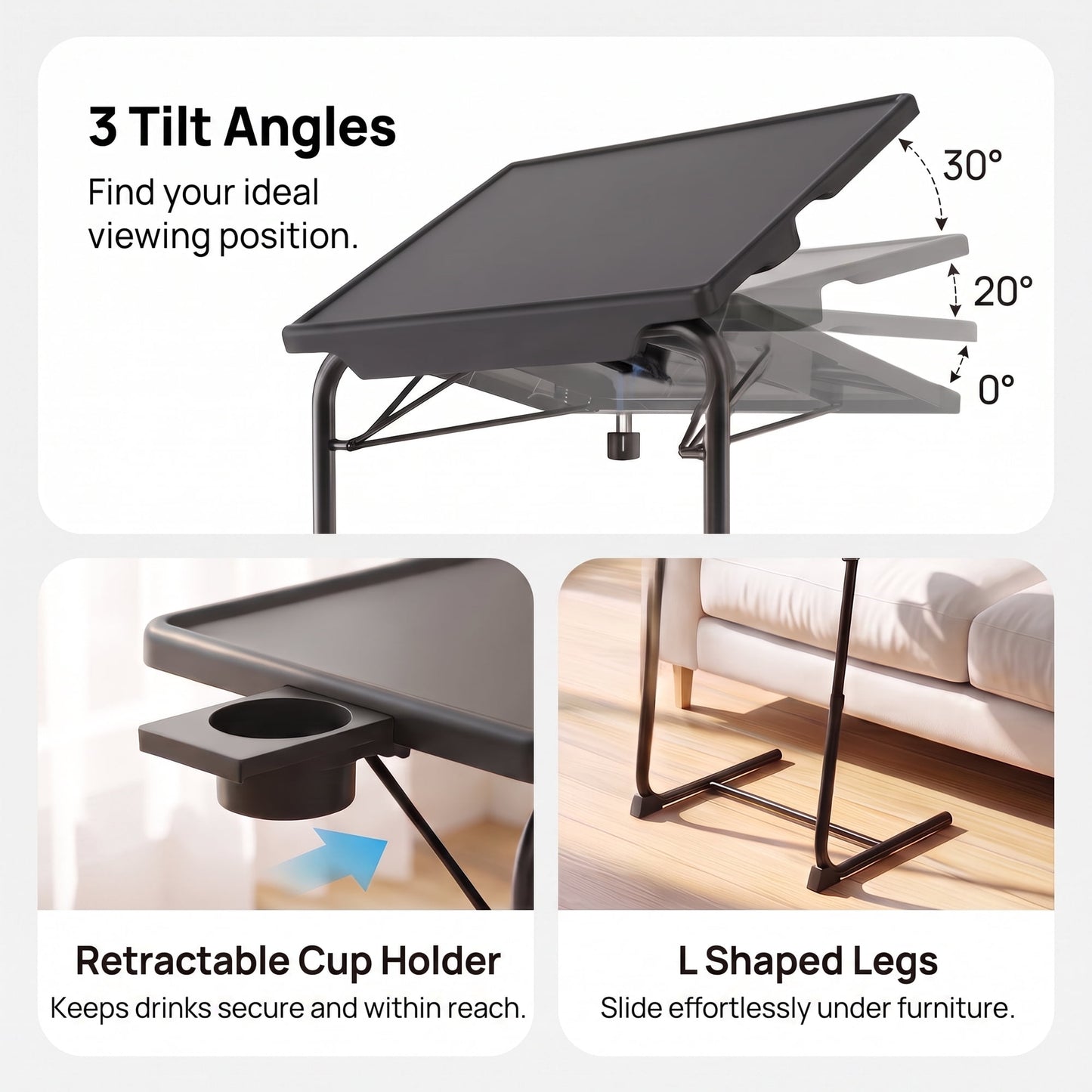 TV Tray Table with Cup Holders, Portable C-Shaped Side Dinner Tray Table, Adjustable 6 Heights & 3 Tilt Angle for Living Room, Bedroom, Black