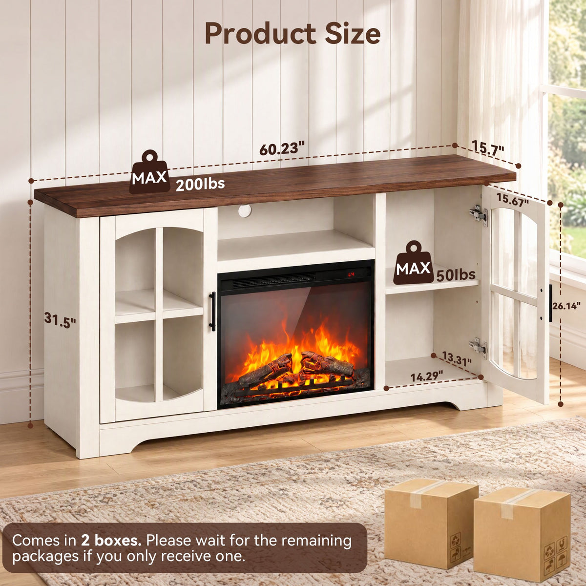 CHITOOMA Electric Fireplace TV Stand for 70" TVs with Glass Barn Doors, Farmhouse Entertainment Console with 23" Electric Fireplace, Holds up to 200 lbs, White