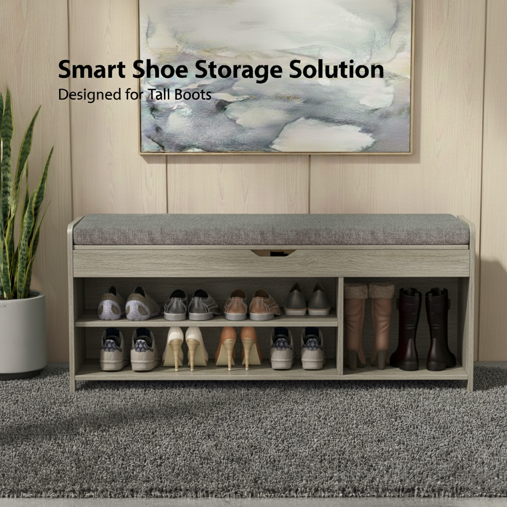 CHITOOMA Shoe Storage Bench, 43.4" Wide Shoe Bench with Padded Seat Cushion and Lift Top Storage, Bench with Barn Doors and Adjustable Shelf for for Entryway, Bedroom, Living Room, Gray