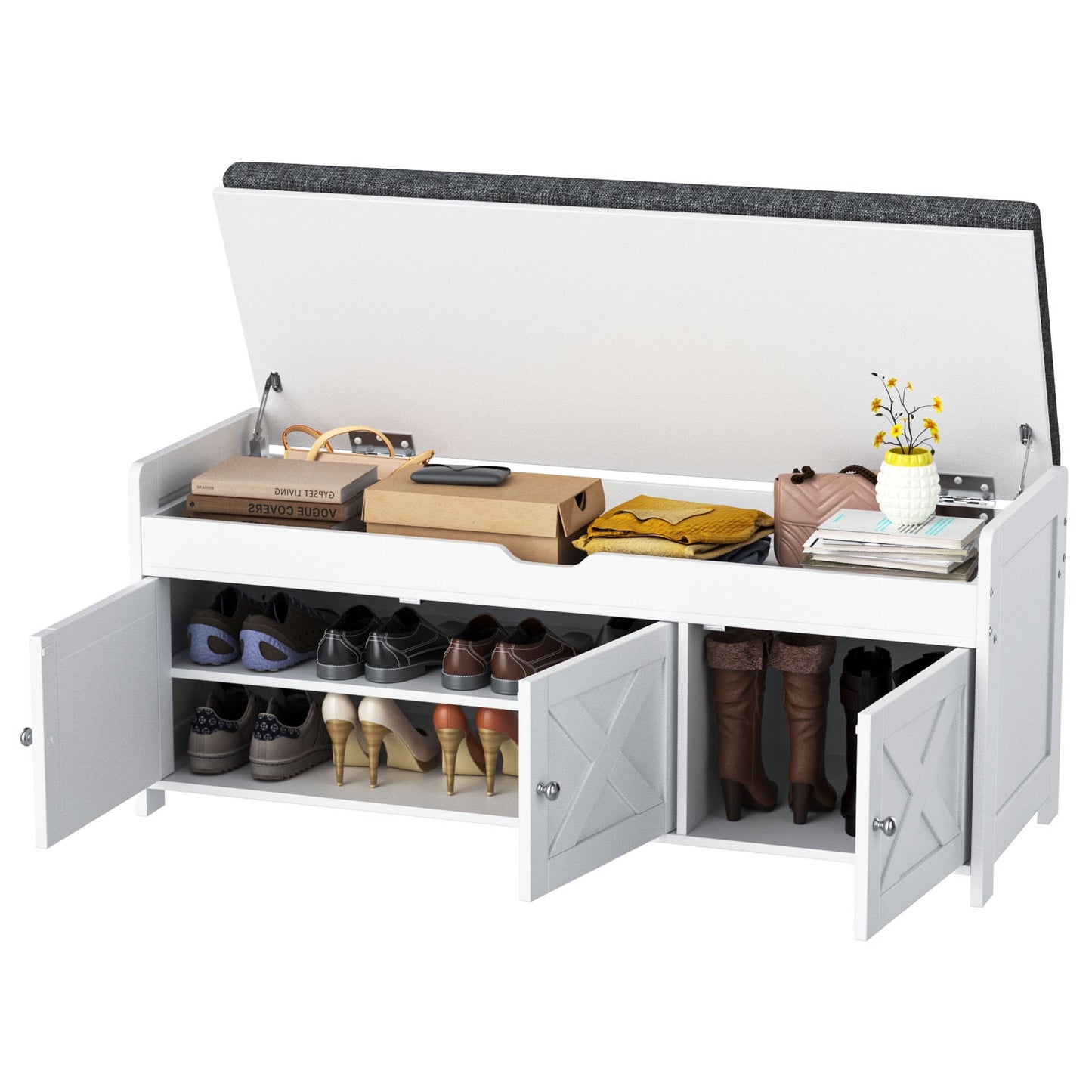 CHITOOMA 43.4" Shoe Storage Bench with Cushion and Barn Doors for Entryway, Bedroom, Shoe Rack Bench Adjustable Shelf with Lift Top Storage, 440 lbs, White