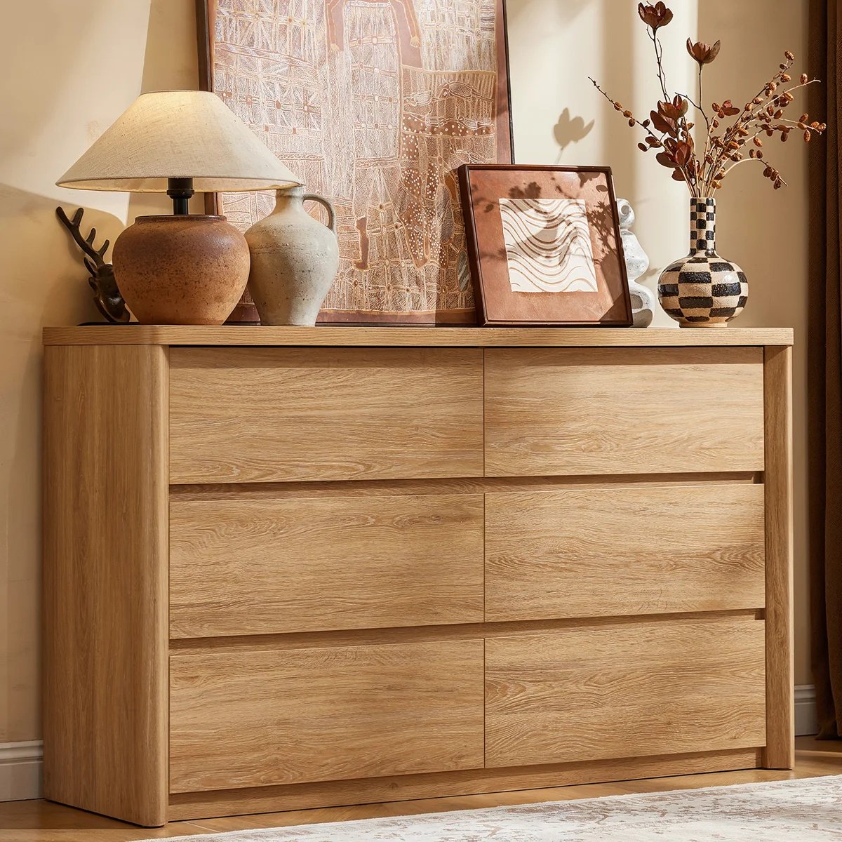 CHITOOMA Bedroom Furniture Sets with 6 Drawer Dresser & Nightstands Set,Natural