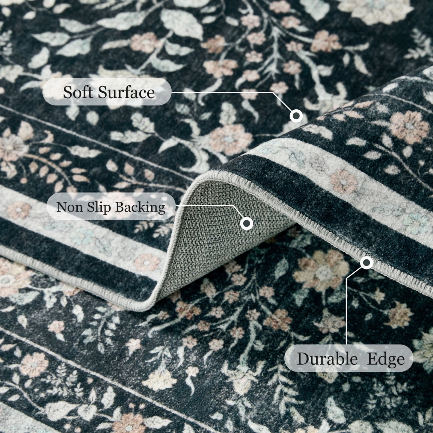 CHITOOMA 6'x9' Boho Area Rugs for Living Room, Machine Washable Stain Resistant Non-Shed Carpet, Floral Area Rug with Non-Slip Backing for Bedroom, Dining Room, Dorm, Office