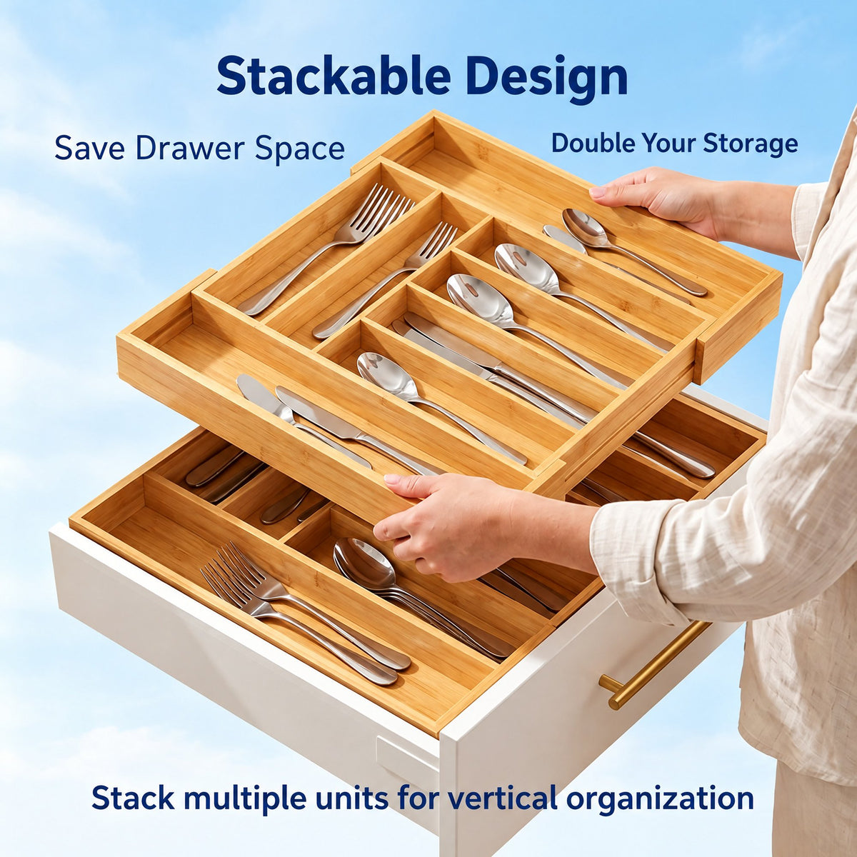 CHITOOMA Silverware Drawer Organizer, Expandable Silverware Holder,Adjustable Kitchen Utensil Tray,for Forks, Spoons and Knives,8 Slots,Natural