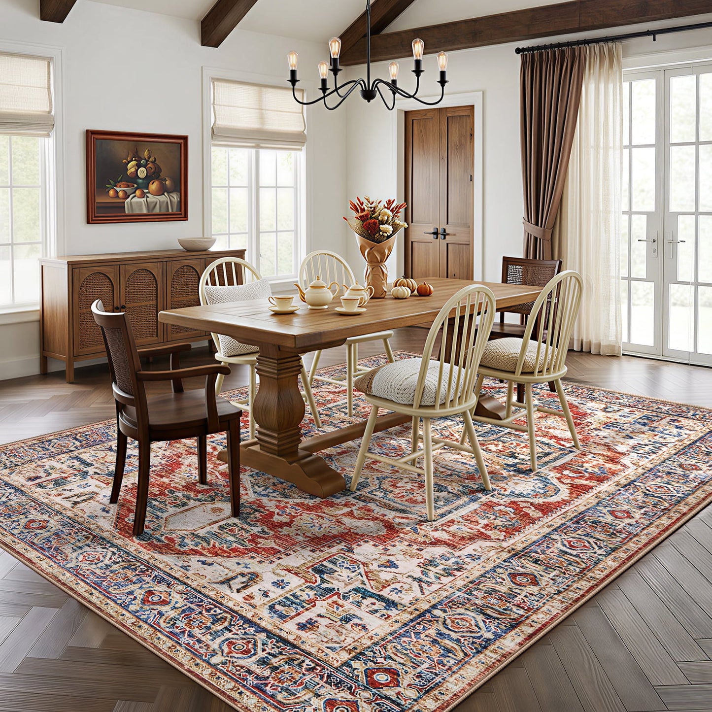 8'x10' Boho Area Rugs for Living Room, Machine Washable Area Rug with Non-Slip Backing, Stain Resistant Non-Shed Carpet for Bedroom, Dining Room, Dorm, Office