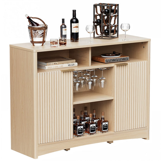 CHITOOMA Modern Coffee Bar Cabinet with Wine Glass Rack, Fluted Buffet Sideboard with Adjustable Storage Shelves and Doors, Liquor Bar Table for Dining Room or Living Room, Natural