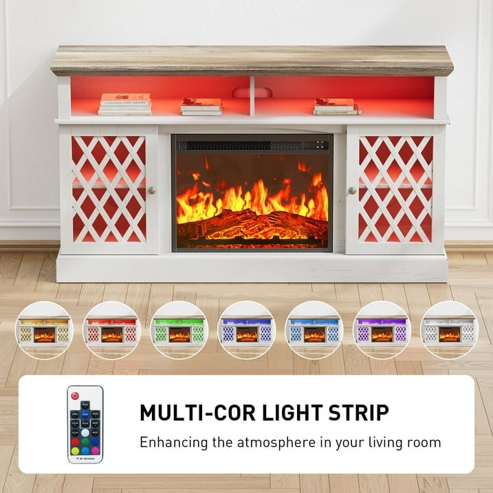 Farmhouse Fireplace TV Stand for 75 inch with LED Light, Adjustable Storage Shelves, Glass Doors, Media Entertainment Center with Fireplace for Living Room, Bedroom, White