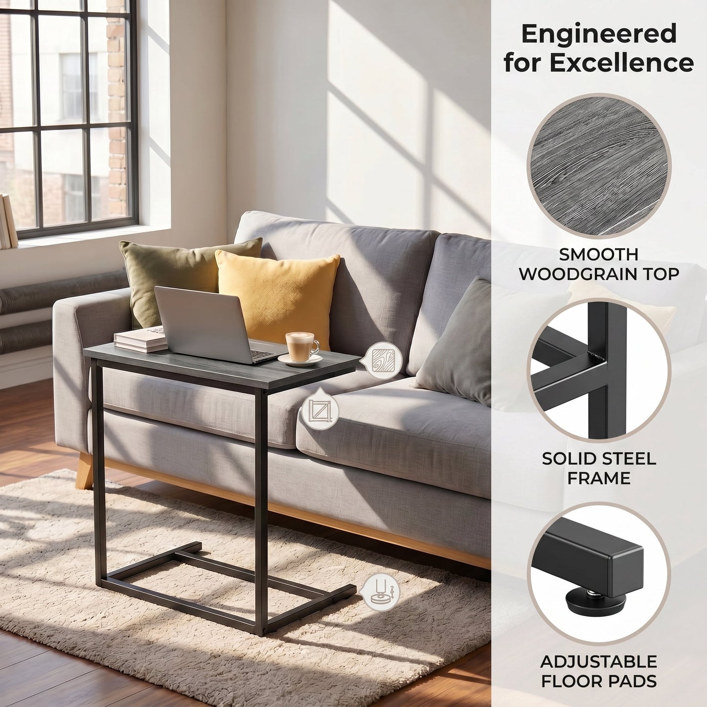 C Shaped End Table 2 PCS,C-Table for sofa,Side Table for Bedroom, Living Room, Home Office,Gray