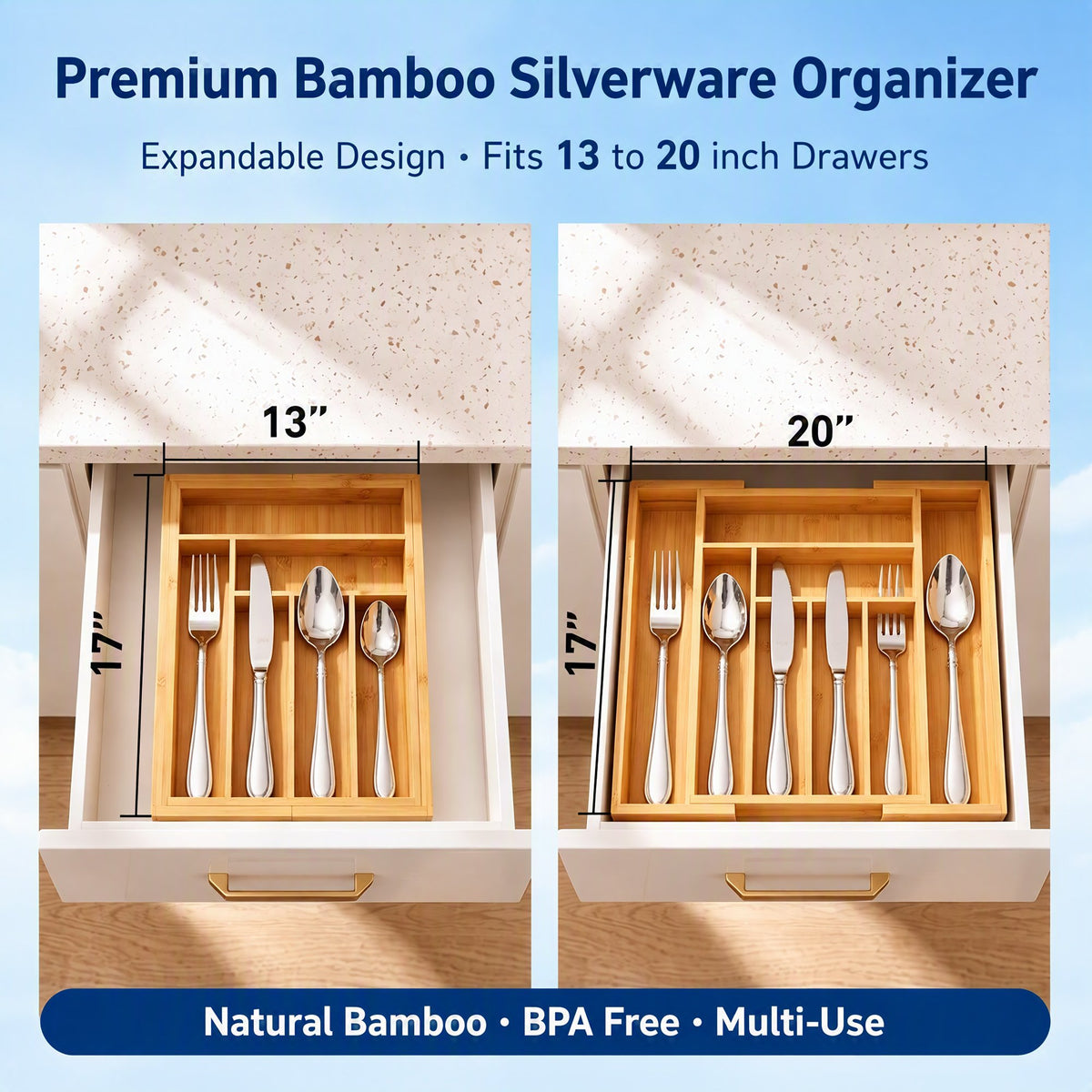 CHITOOMA Silverware Drawer Organizer, Expandable Silverware Holder,Adjustable Kitchen Utensil Tray,for Forks, Spoons and Knives,8 Slots,Natural