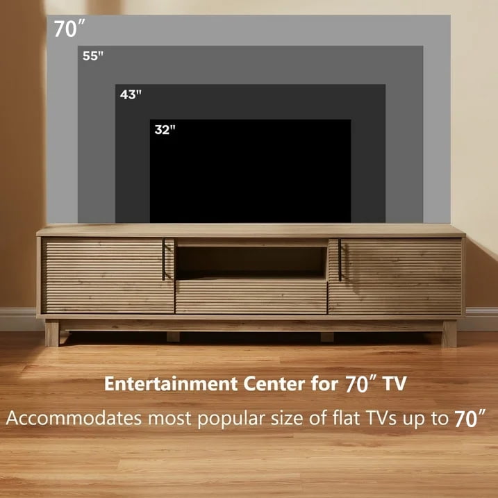 Mid-Century Modern TV Stand for 70" TVs, Wood TV Console with Reeded 2-Door for Living Room, Nature