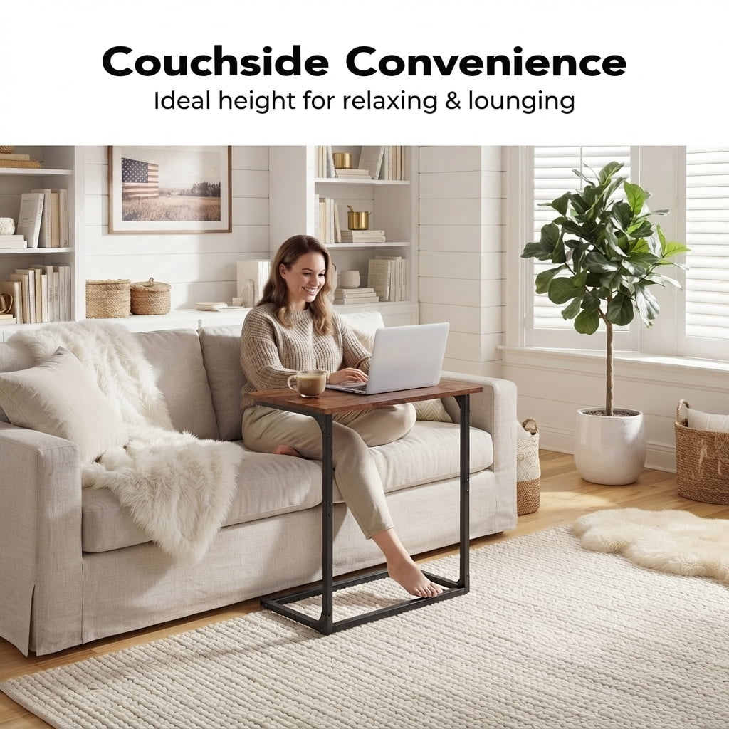 C Shaped End Sofa Table, Widened Vintage End Table Side Table for Living Room, Bedroom, 27"(H) x 21.1"(W) x 11.4"(D), Brown