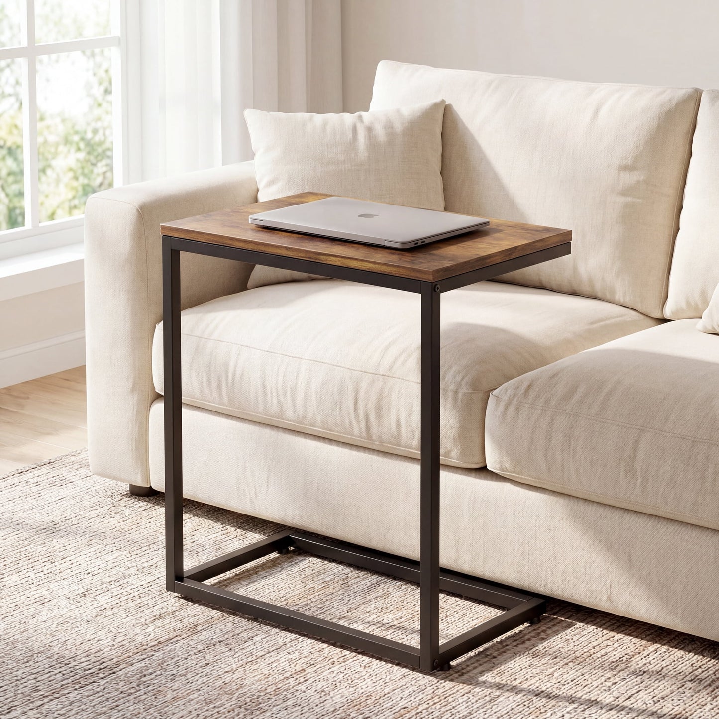 2 PCS C Shaped Sofa Side End Table，Side Table TV Tray Table for Sofa,Couch Table with metal frame for livingroom,Bedroom,Rustic Brown