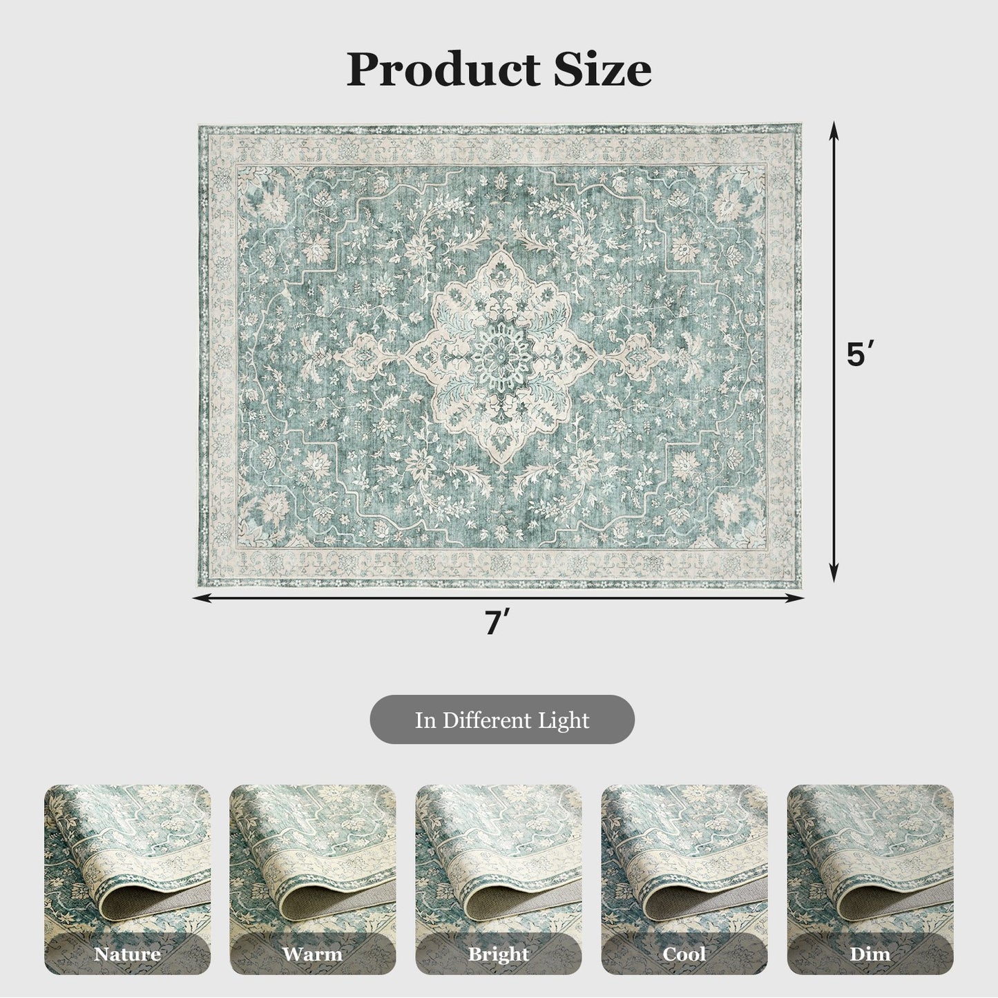 CHITOOMA 5'x7' Boho Area Rugs for Living Room, Machine Washable Stain Resistant Non-Shed Carpet, Floral Area Rug with Non-Slip Backing for Bedroom, Dining Room, Dorm, Office