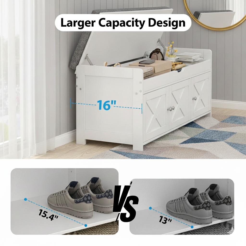 CHITOOMA Shoe Storage Bench, 43.4" Wide Shoe Bench with Padded Seat Cushion and Lift Top Storage, Bench with Barn Doors and Adjustable Shelf for for Entryway, Bedroom, Living Room, White