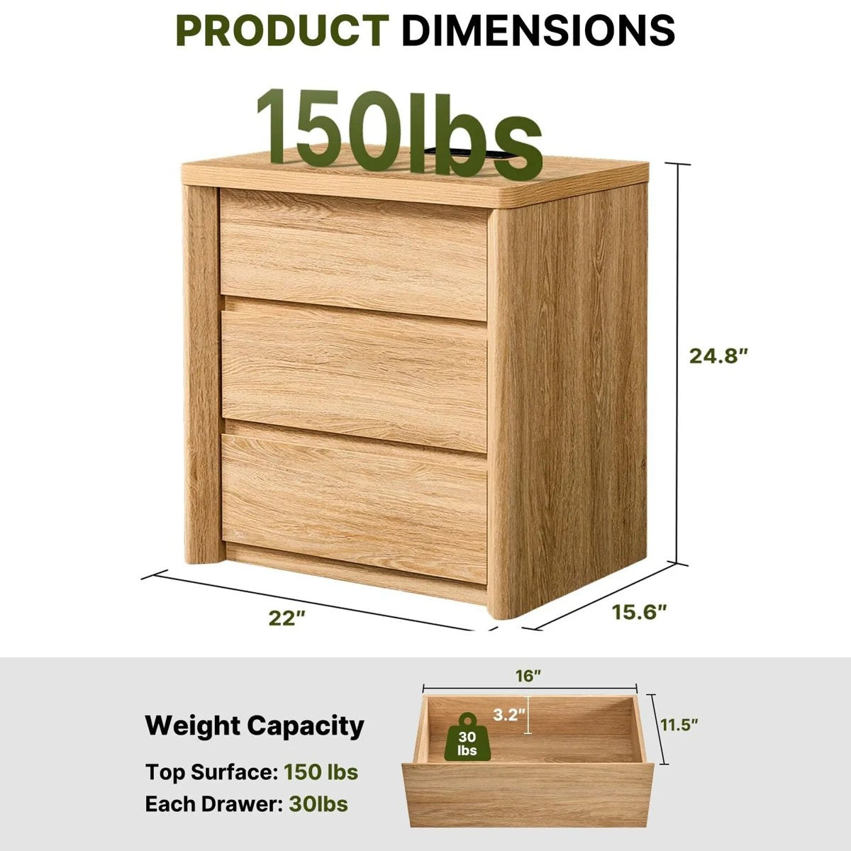 CHITOOMA 24.8" Nightstand with Charging Station, Natural