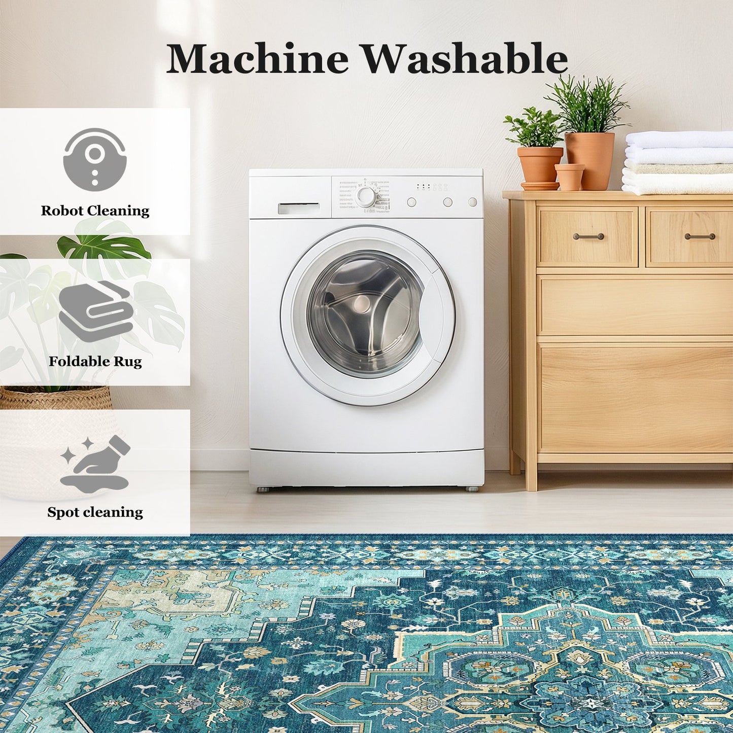CHITOOMA 5'x7' Boho Area Rugs for Living Room, Machine Washable Stain Resistant Non-Shed Carpet, Area Rug with Non-Slip Backing for Bedroom, Dining Room, Dorm, Office