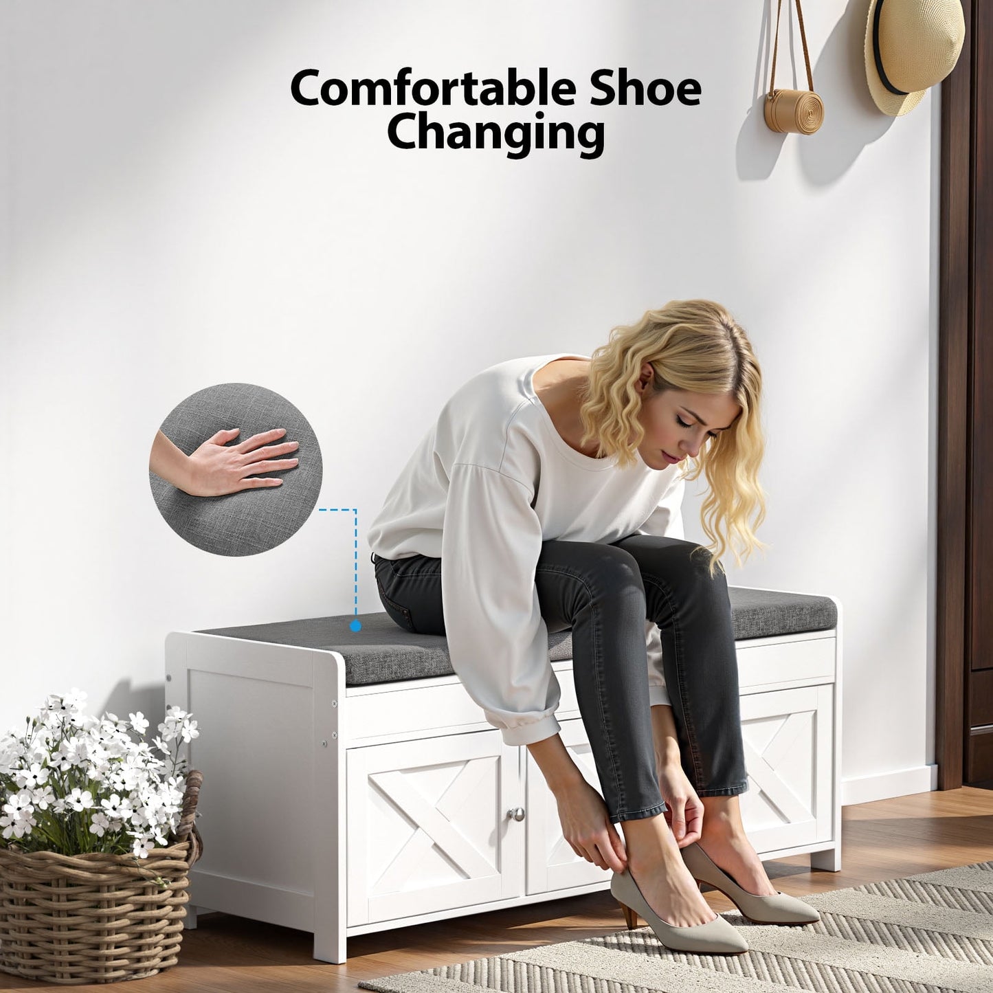 CHITOOMA 43.4" Shoe Storage Bench with Cushion and Barn Doors for Entryway, Bedroom, Shoe Rack Bench Adjustable Shelf with Lift Top Storage, 440 lbs, White