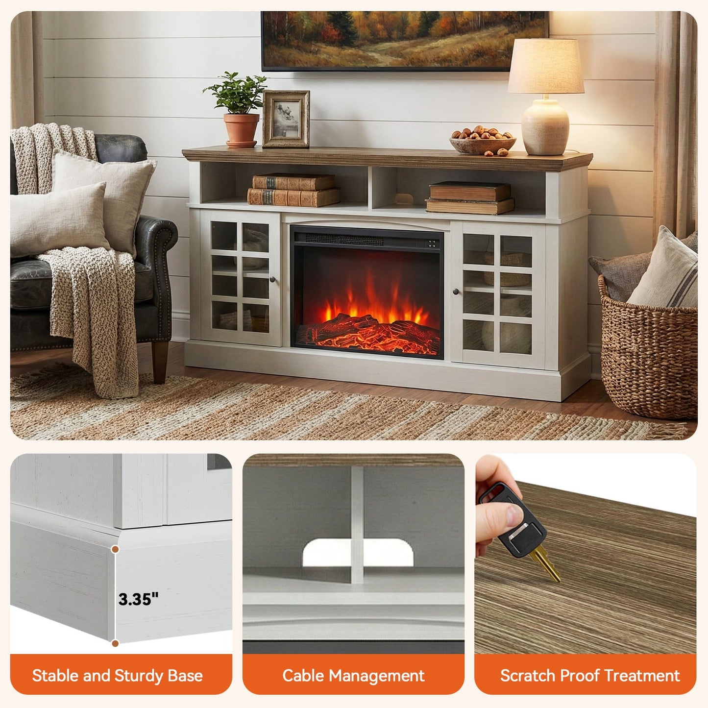 Electric Fireplace TV Stand up to 75" TVs, Farmhouse Entertainment Center wiht 23" Fireplace for Living Room, White