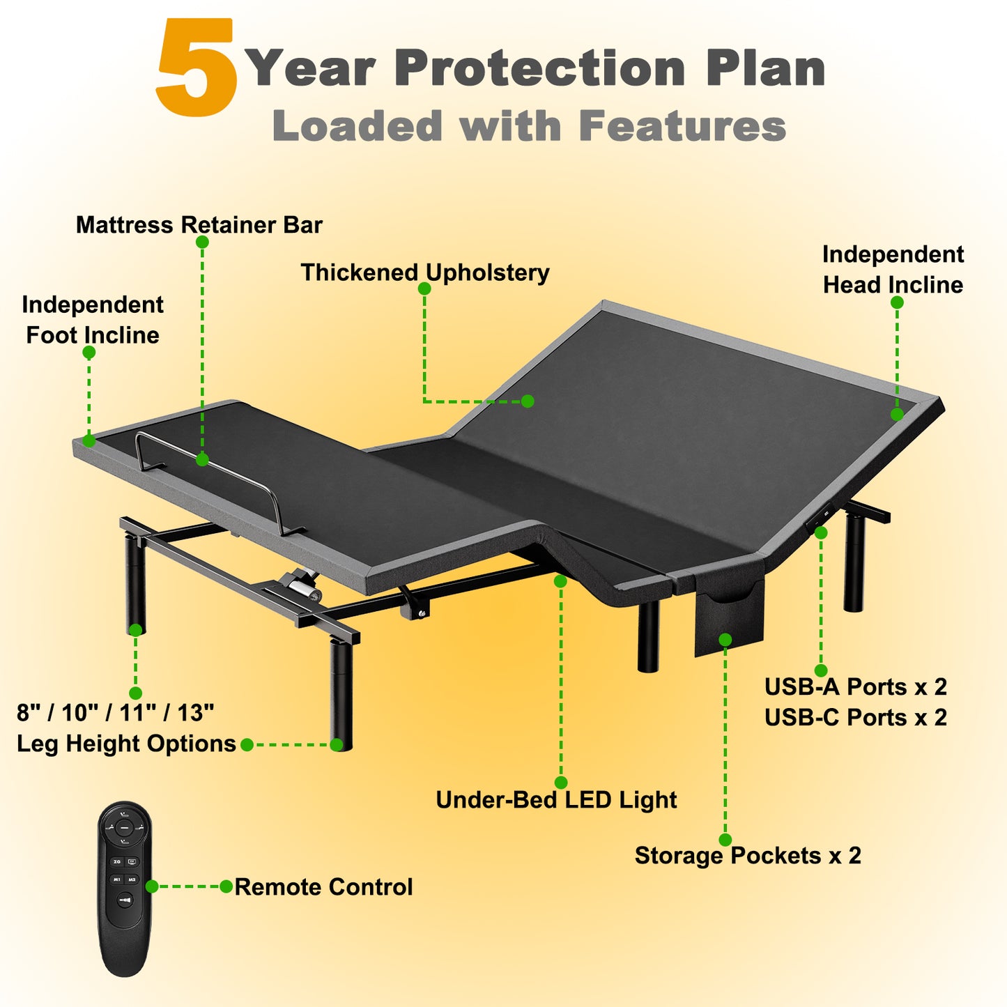CHITOOMA Electric Adjustable Bed Frame Queen with Wireless Remote, Zero Gravity, Individually Tilting Head & Foot, 4 USB Ports, Under-Bed Nightlight, 3 Minutes Fast Assembly