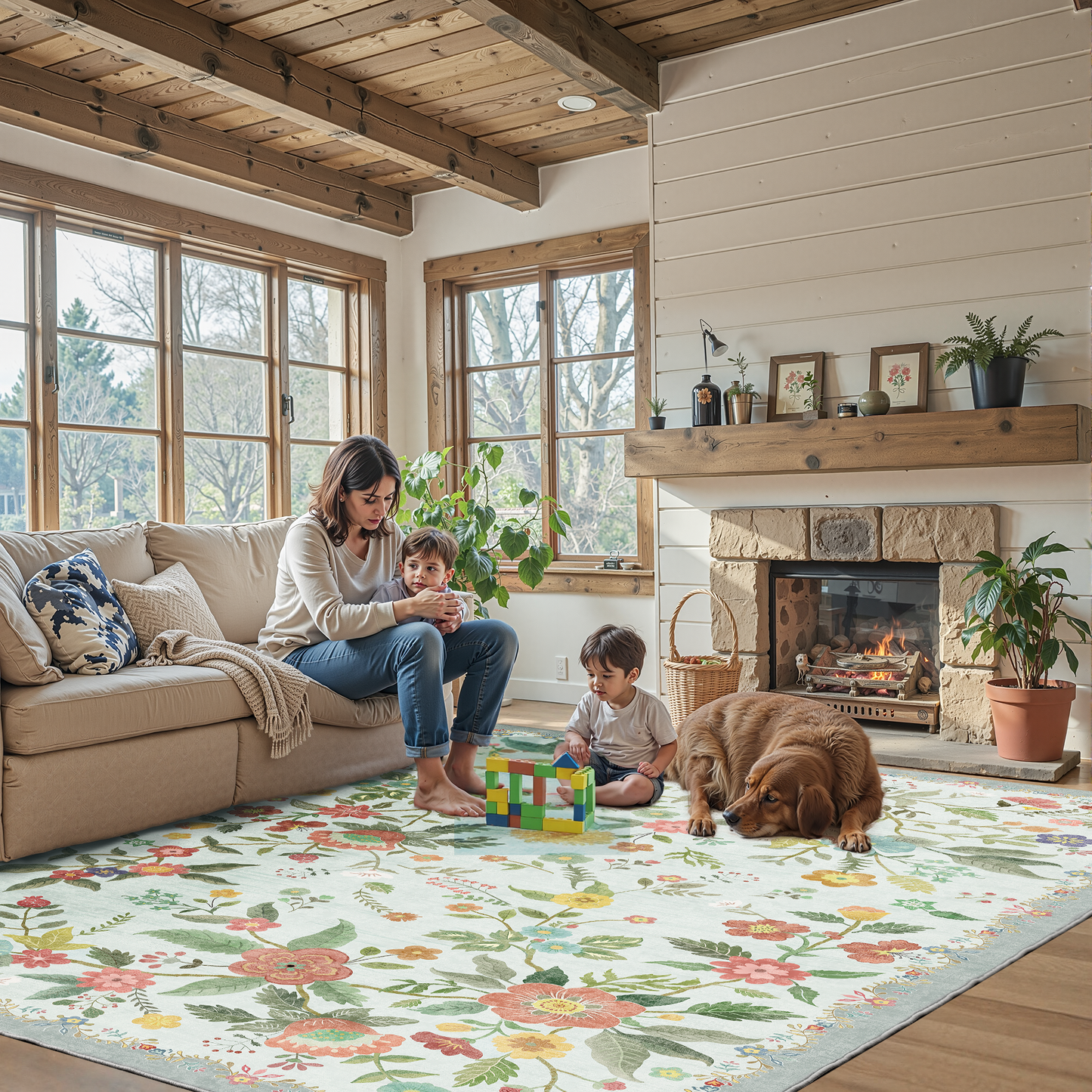 CHITOOMA 6'x9' Boho Area Rugs for Living Room, Machine Washable Stain Resistant Non-Shed Carpet, Floral Area Rug with Non-Slip Backing for Bedroom, Dining Room, Dorm, Office