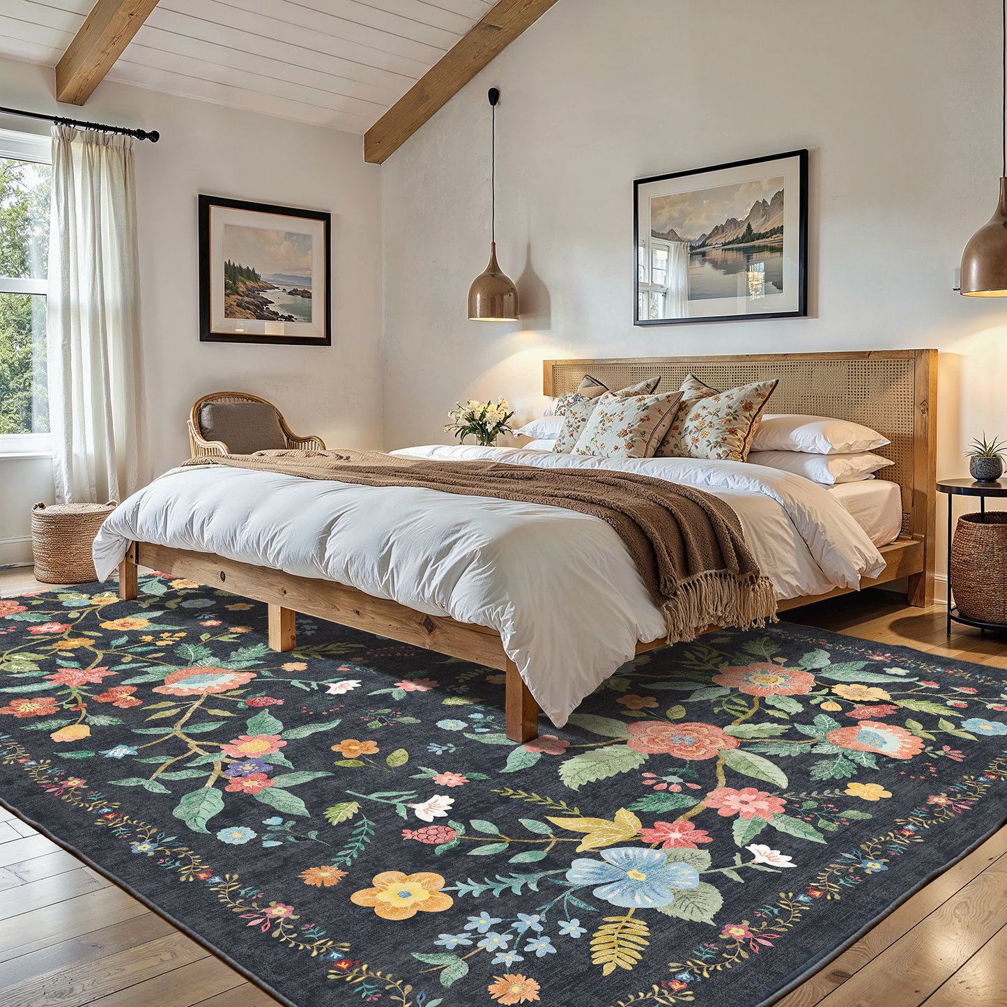 CHITOOMA 5'x7' Machine-washable Area Rugs for Living Room, Stain Resistant Non-Shed Carpet, Boho Floral Area Rugs with Non-Slip Backing for Bedroom, Dining Room, Dorm, Office