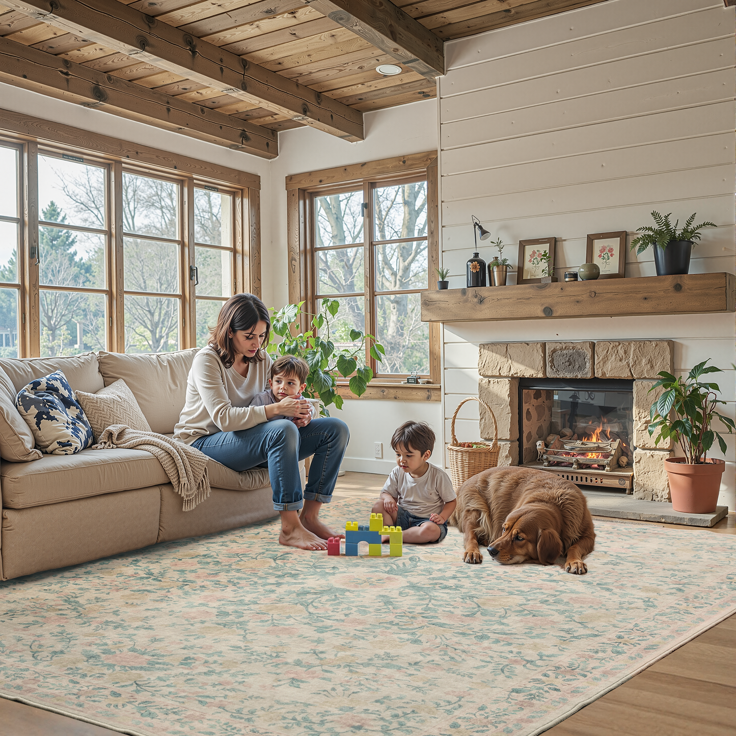 CHITOOMA 5'x7' Machine-washable Area Rugs for Living Room, Stain Resistant Non-Shed Carpet, Boho Floral Area Rugs with Non-Slip Backing for Bedroom, Dining Room, Dorm, Office