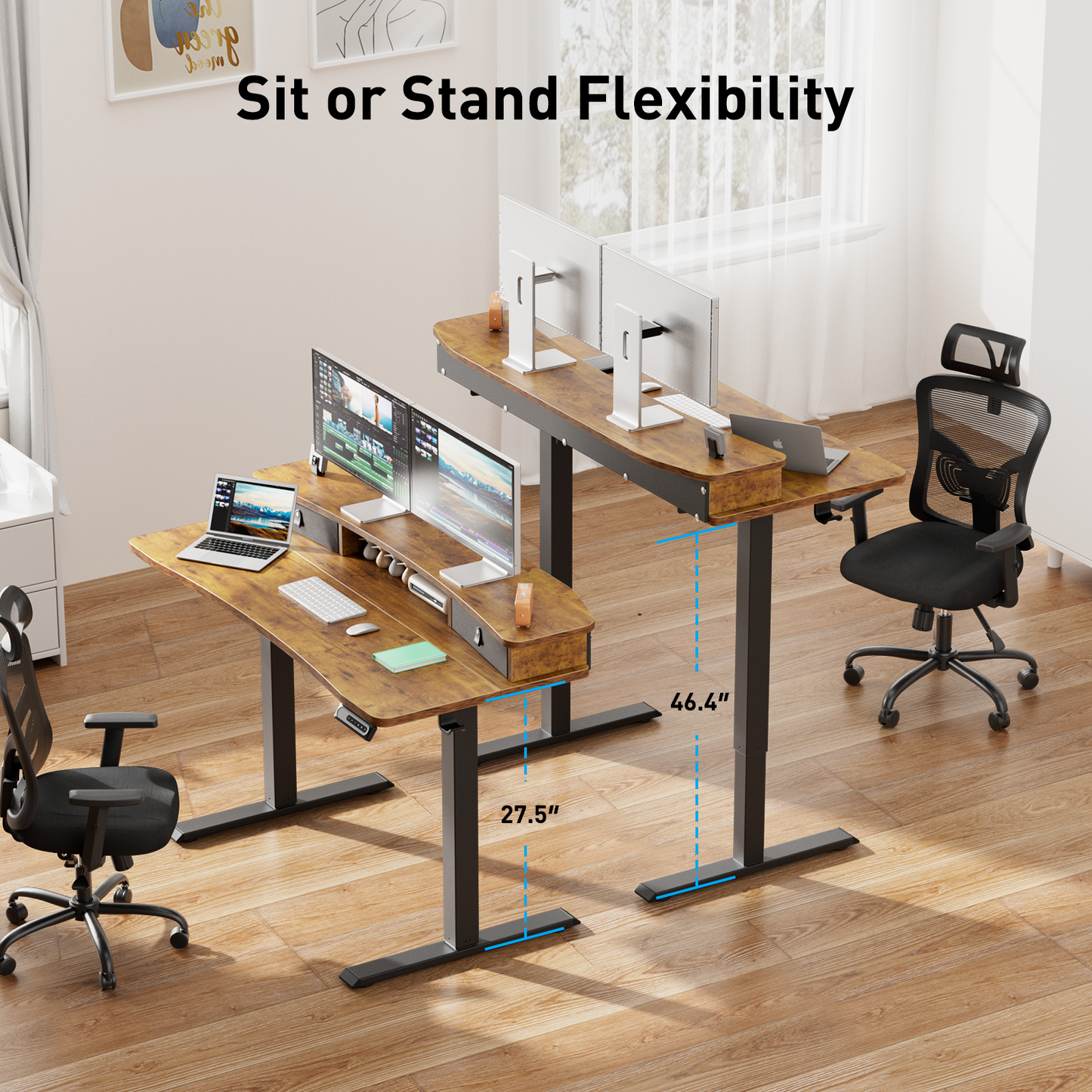 CHITOOMA 60″ x 30″ Electric Standing Desk with 2 Drawers, C-Clamp Mount Compatible, Height Adjustable, Home Office Stand Up Computer Desk with 4 Preset Heights & 2 Hooks, Vintage Brown