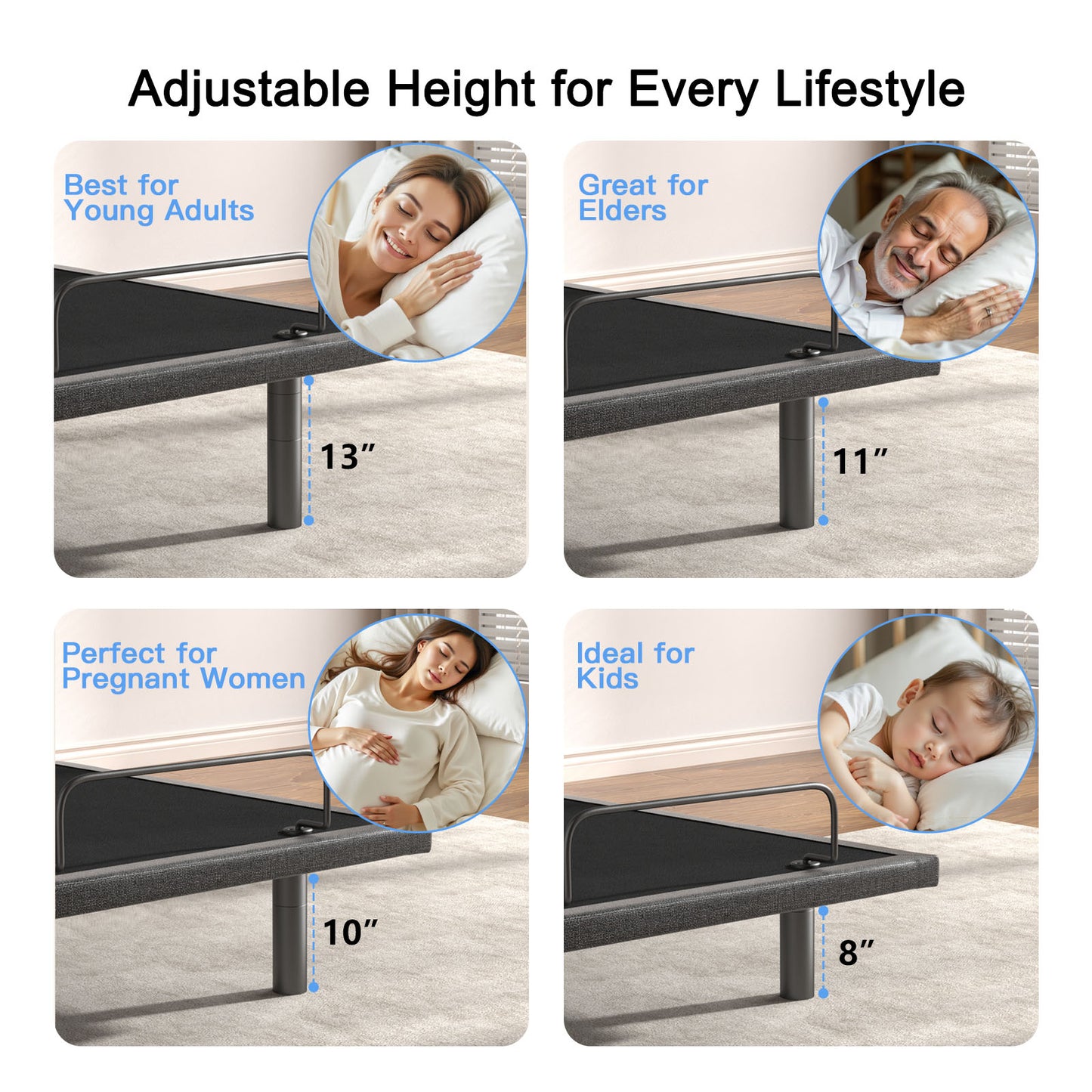 CHITOOMA Split King Electric Adjustable Bed Frame with Massage, Wireless Remote with Sync Control, Zero Gravity, USB Ports, Under-Bed Nightlight & 4 Leg Height Options
