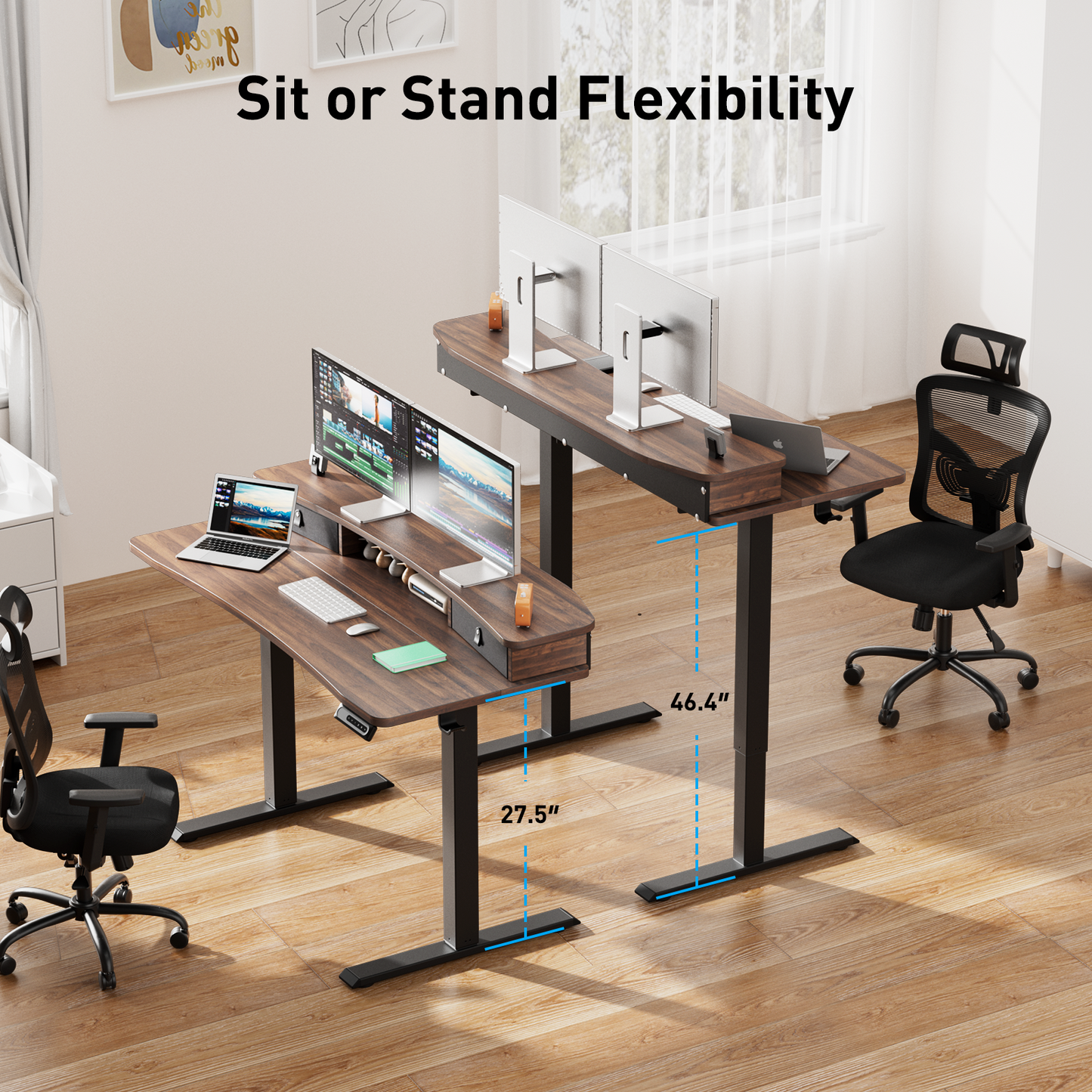 CHITOOMA 60″ x 30″ Electric Standing Desk with 2 Drawers, C-Clamp Mount Compatible, Height Adjustable, Home Office Stand Up Computer Desk with 4 Preset Heights & 2 Hooks,Walnut