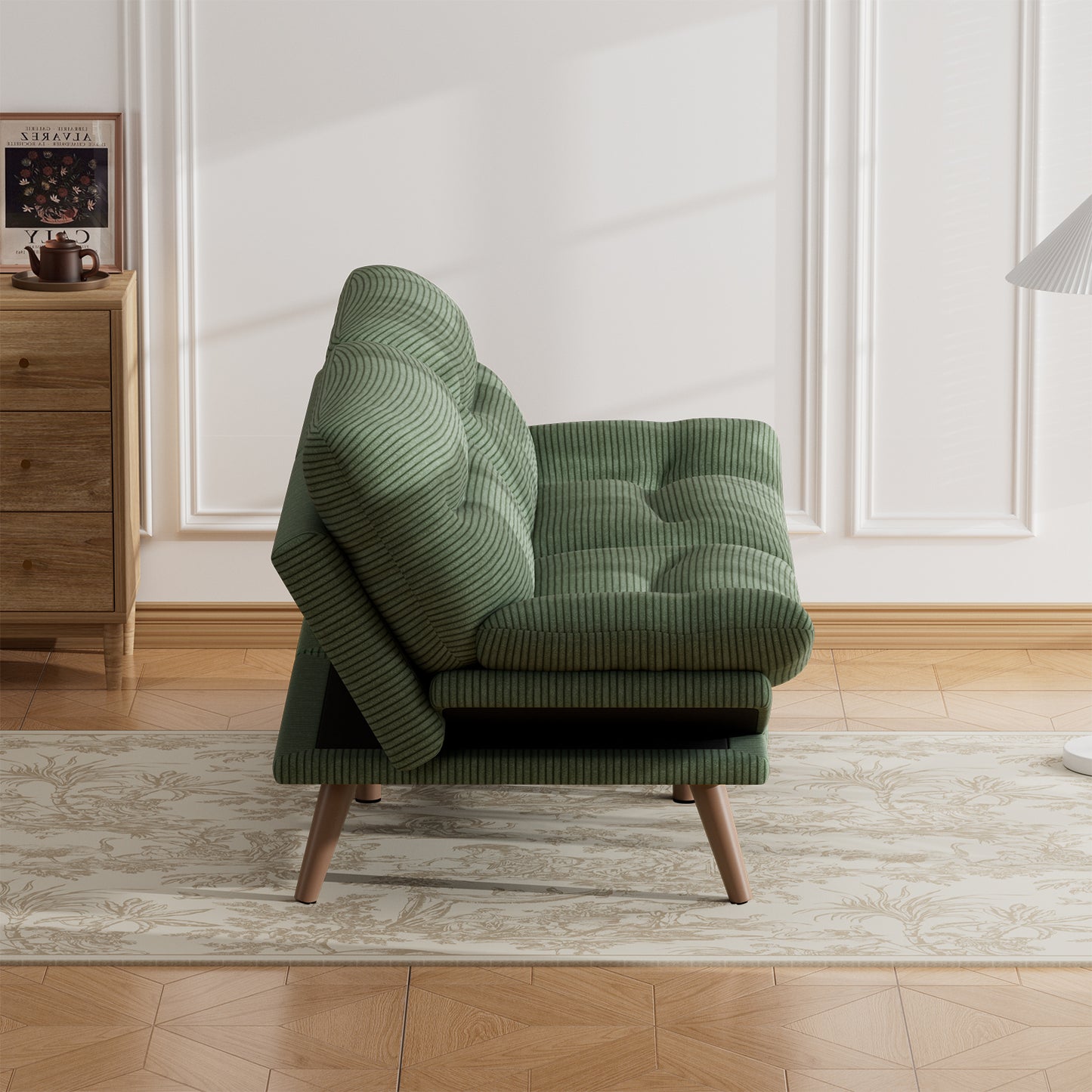 CHITOOMA 66'' Futon Sofa Bed with Adjustable Backrest & Armrests, Green Corduroy Convertible Futon Couch, Comfy Loveseat for Small Spaces Apartment, Office