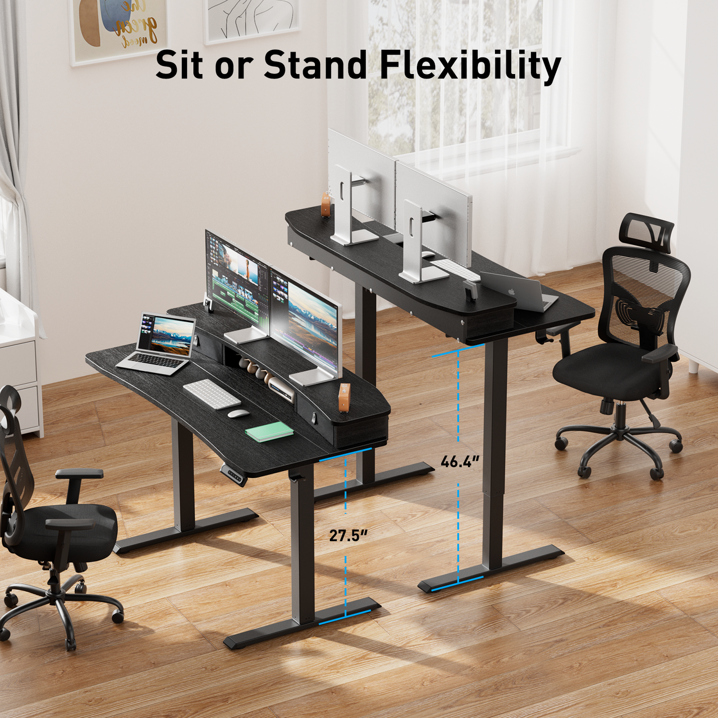 CHITOOMA Electric Standing Desk with Drawers, 48″ x 24″ Large Adjustable Height Computer Desk for Home Office, C-Clamp Compatible with 4 Presets, Black