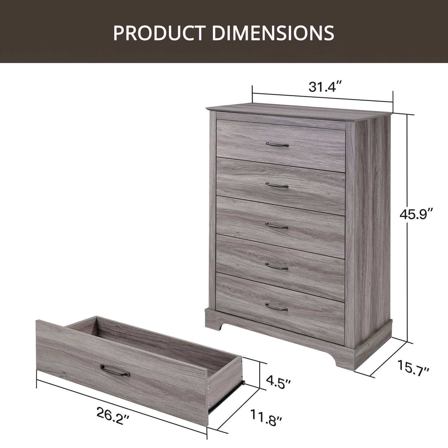 CHITOOMA 5 Drawer Dressers for Bedroom, Adult Tall Wooden Chest of Drawers, Storage Cabine for Living Room Entryway, Gray