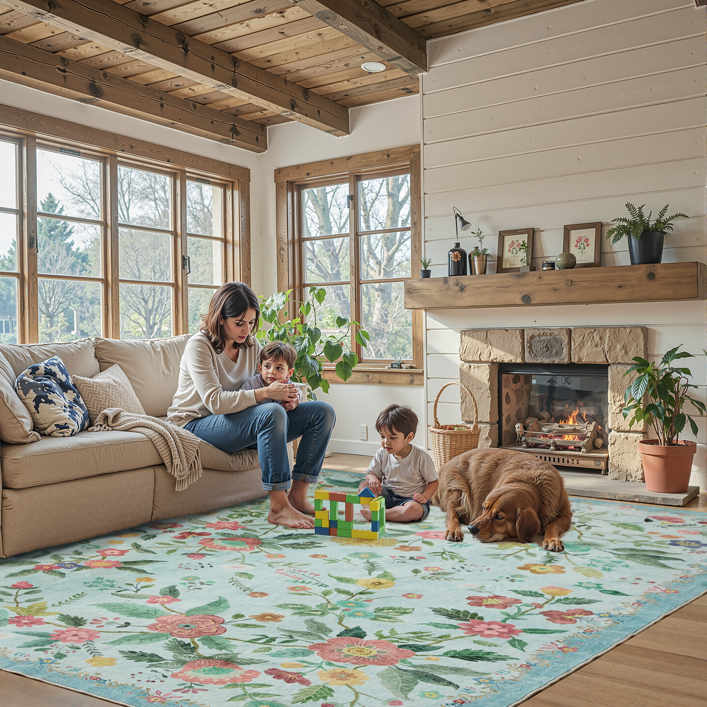CHITOOMA 6'x9' Boho Area Rugs for Living Room, Machine Washable Stain Resistant Non-Shed Carpet, Floral Area Rug with Non-Slip Backing for Bedroom, Dining Room, Dorm, Office
