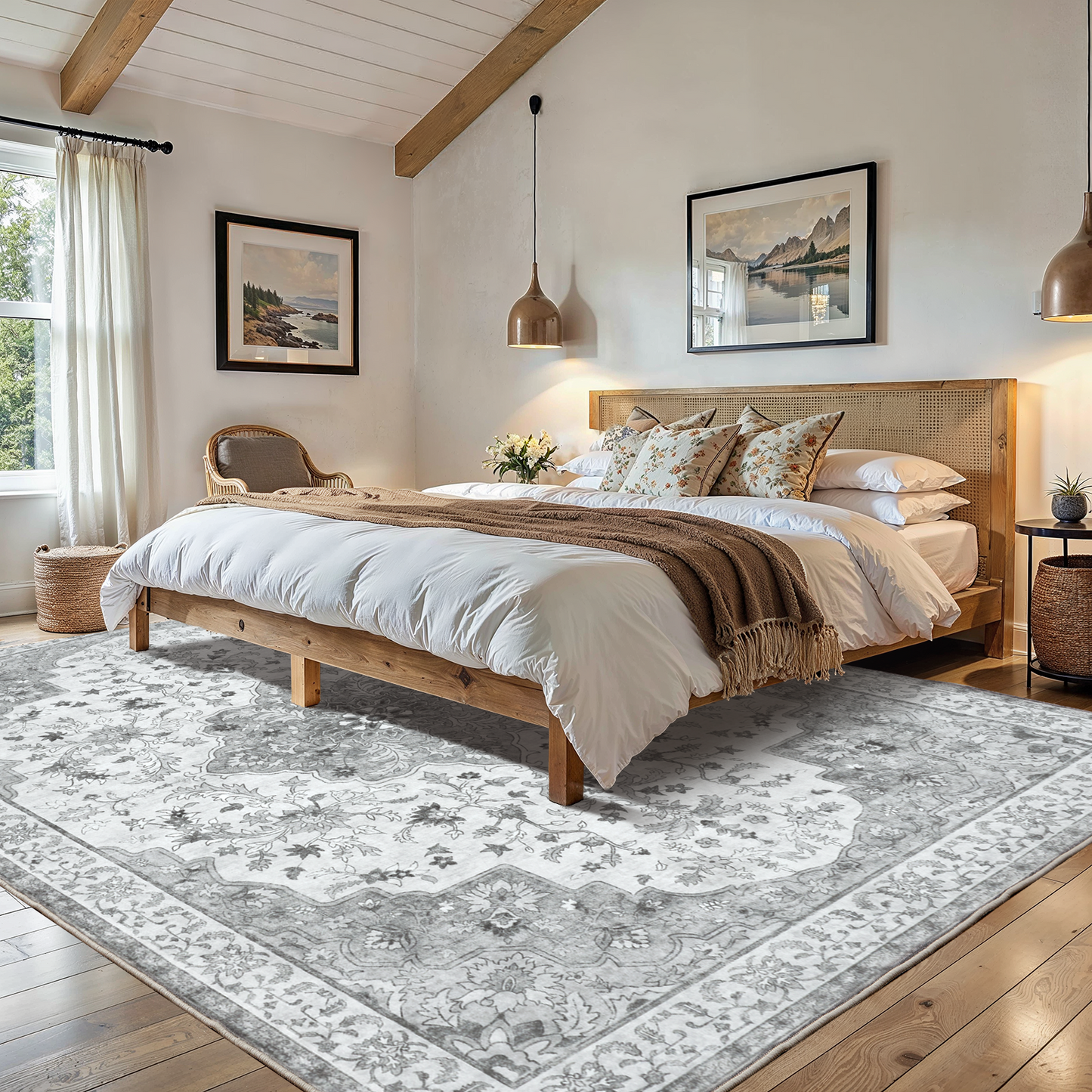 CHITOOMA 8'x10' Machine-washable Area Rugs for Living Room, Boho Floral Area Rugs with Non-Slip Backing, Stain Resistant Non-Shed Carpet for Bedroom, Dining Room, Dorm, Office