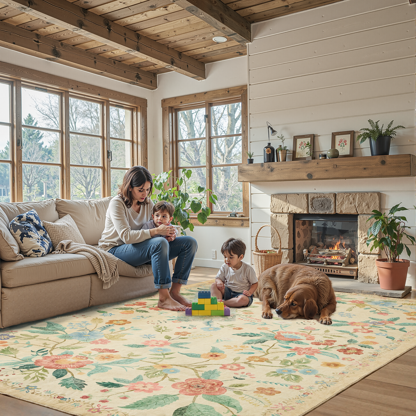 CHITOOMA 5'x7' Boho Area Rugs for Living Room, Machine Washable Stain Resistant Non-Shed Carpet, Floral Area Rug with Non-Slip Backing for Bedroom, Dining Room, Dorm, Office
