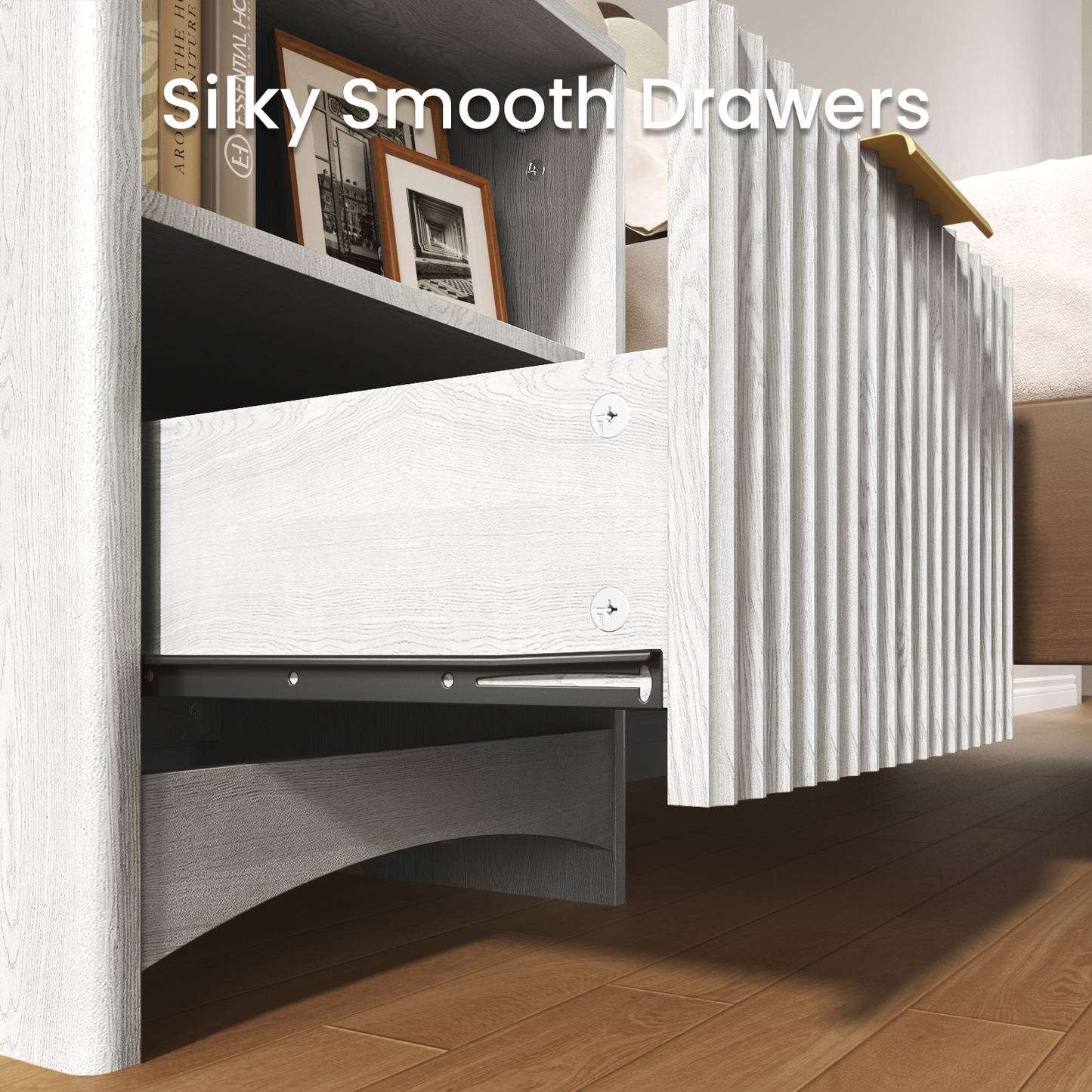 CHITOOMA Fluted Nightstand Set of 2 with Charging Station, Wood Bedside Table with Drawer & Open Shelf, Small End Table for Bedroom Living Room, Gray