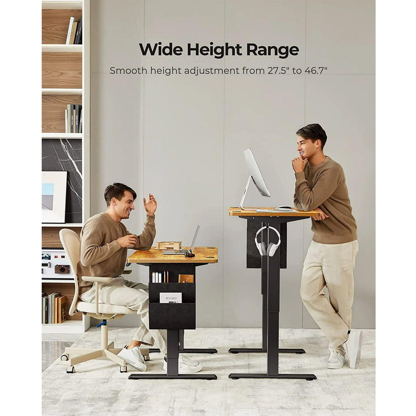 CHITOOMA 55" x 24" Electric Standing Desk with Storage Bag, Adjustable Height Sit to Stand Desk with 4 Memory Pre-Set, Headphone Hook for Home Office, Rustic Brown