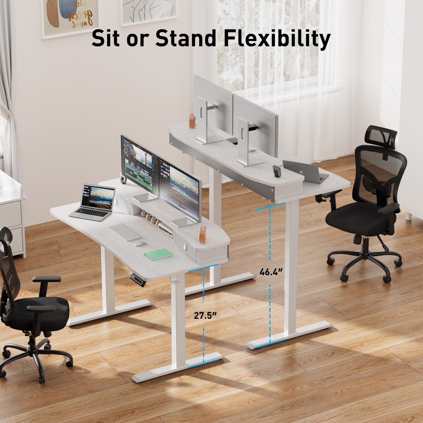 CHITOOMA 55″ x 26″ Electric Standing Desk with 2 Drawers, C-Clamp Mount Compatible, Height Adjustable Computer Desk, Home Office Stand Up Desk with 4 Preset Heights & 2 Hooks, White
