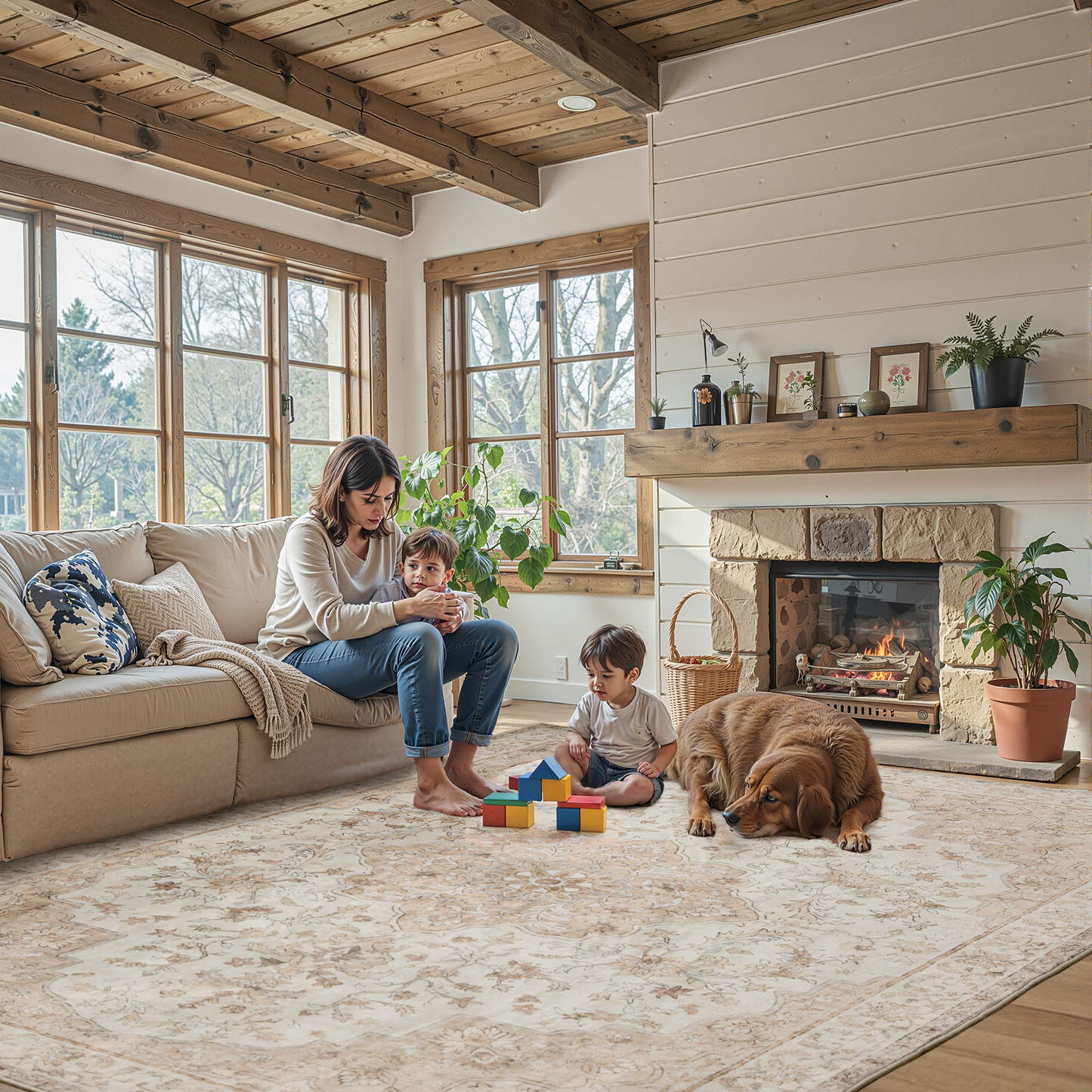 CHITOOMA 5'x7' Boho Area Rugs for Living Room, Machine Washable Stain Resistant Non-Shed Carpet, Floral Area Rug with Non-Slip Backing for Bedroom, Dining Room, Dorm, Office
