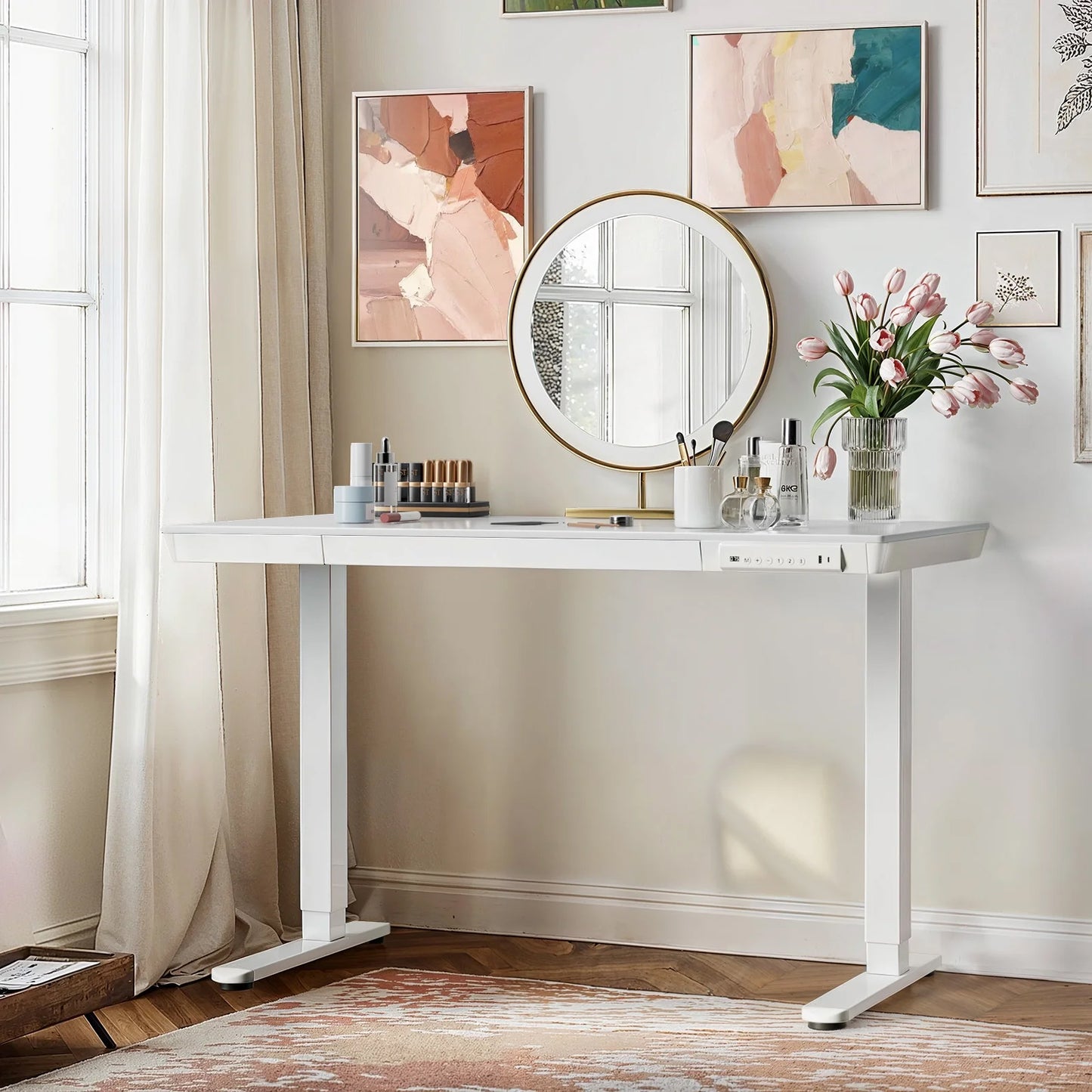CHITOOMA Electric Standing Desk with Drawer, One Piece Tabletop 48" x 24" Height Adjustable Office Desk with USB Charging Ports, Sit to Stand Desk for Home, White