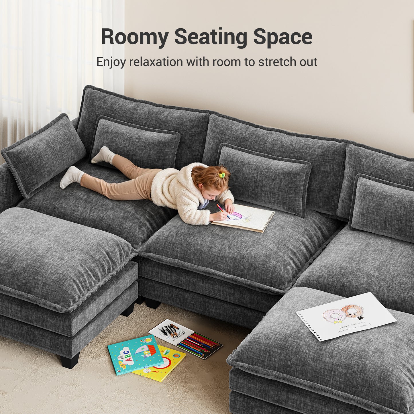 CHITOOMA 111" Modular Sectional Sofa with 2 Movable Ottomans, U-Shaped Oversized 3-Seat Chenille Cloud Sofa with 5 Pillows for Living Room, Gray
