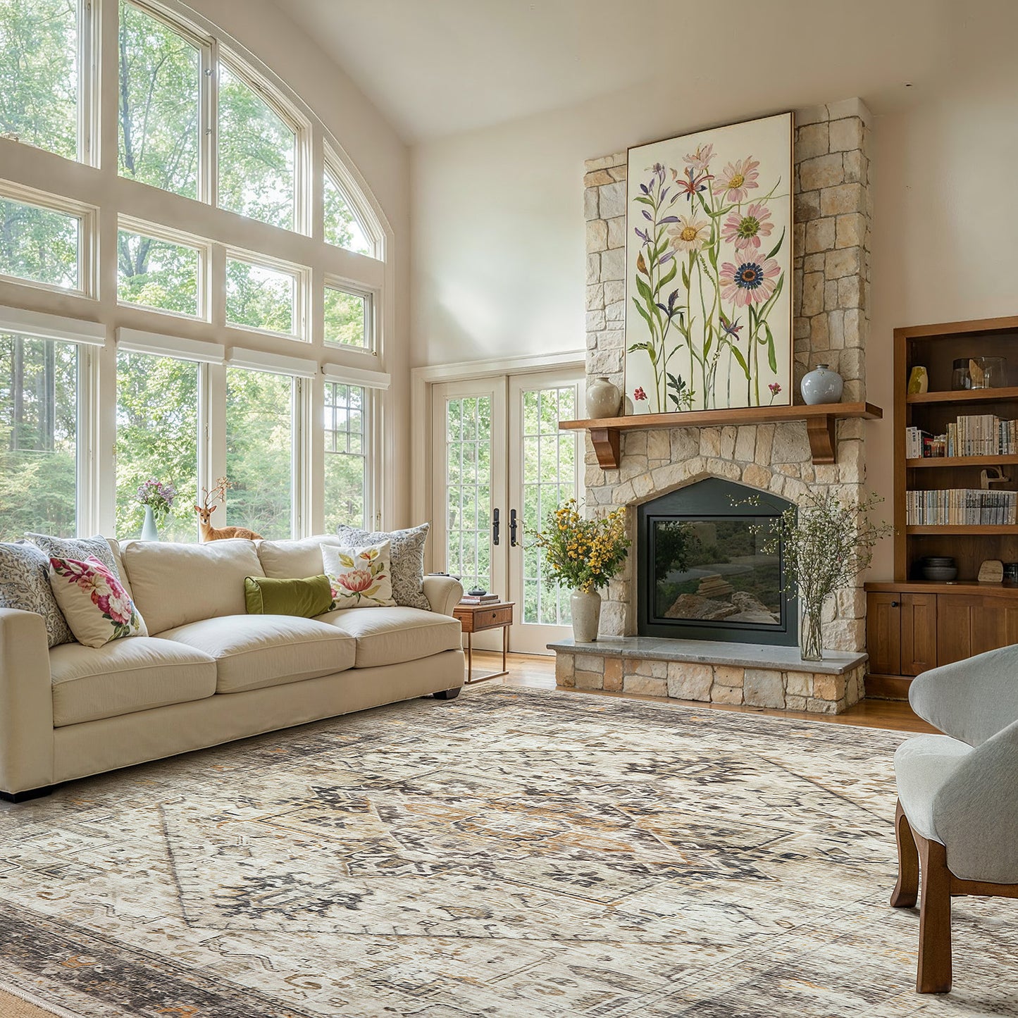 CHITOOMA 5'x7' Boho Area Rugs for Living Room, Machine Washable Stain Resistant Non-Shed Carpet, Area Rug with Non-Slip Backing for Bedroom, Dining Room, Dorm, Office