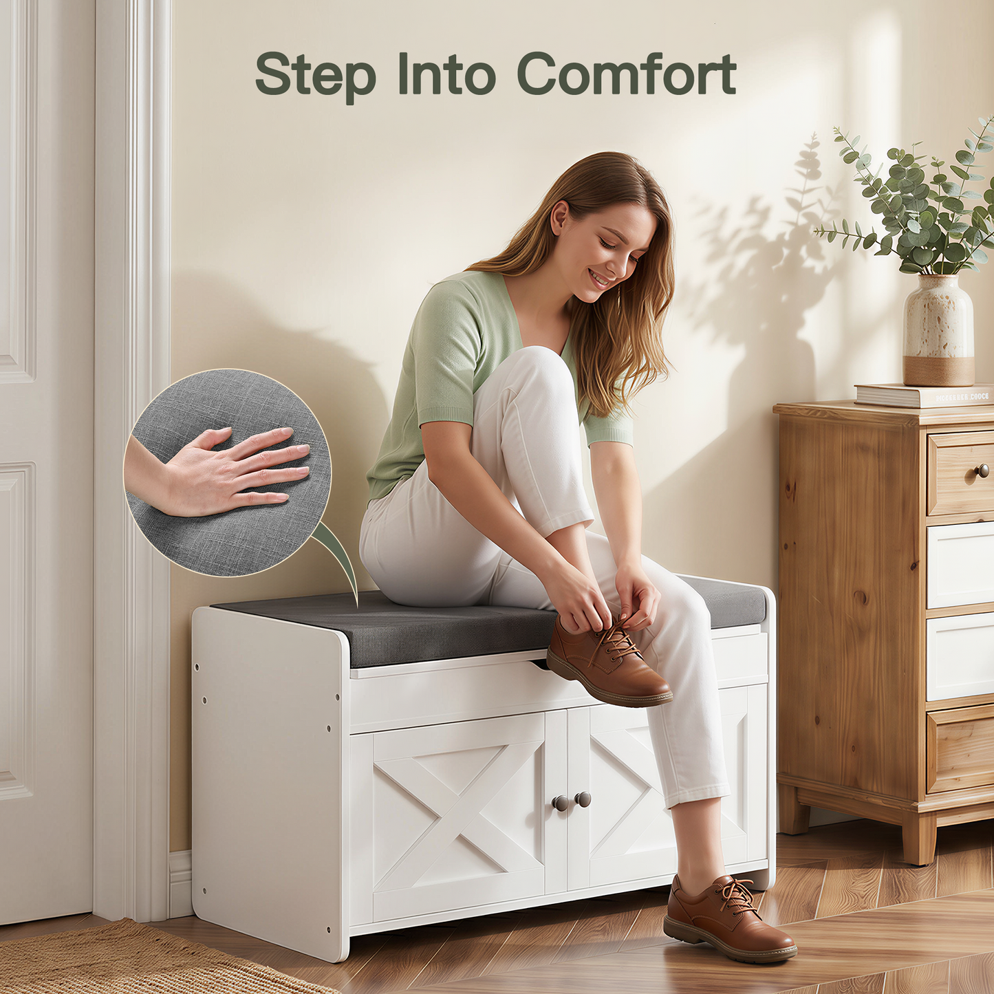 CHITOOMA Shoe Storage Bench, 2-Tier with Cushioned Seat, Adjustable Shelves, 300 lbs Capacity, 31.5" x 15" x 18", White